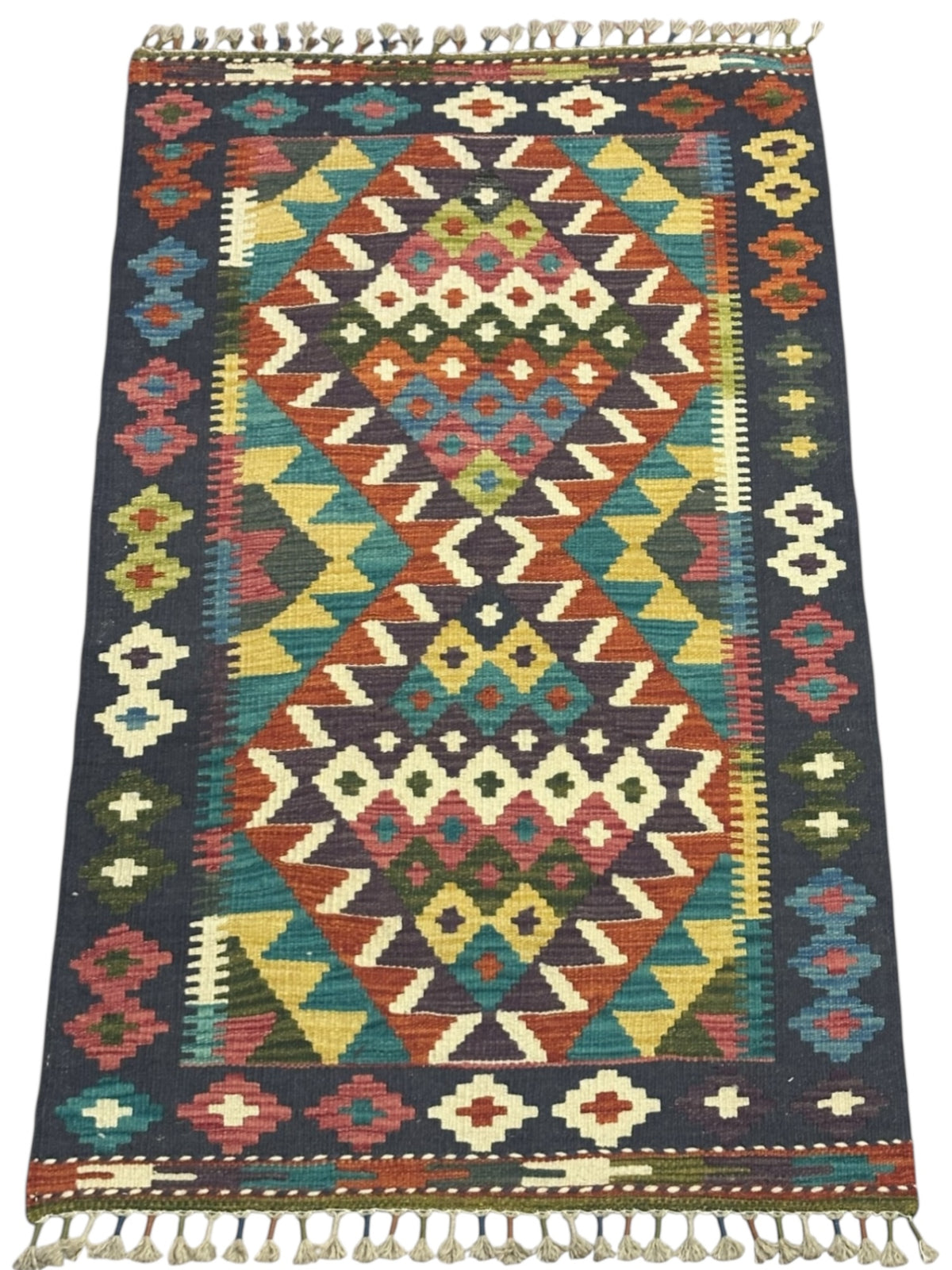 Afghan Kilim Rug 3x4, Navy, Rust & Ivory, Diamond Medallion Wool Flatweave, view 2