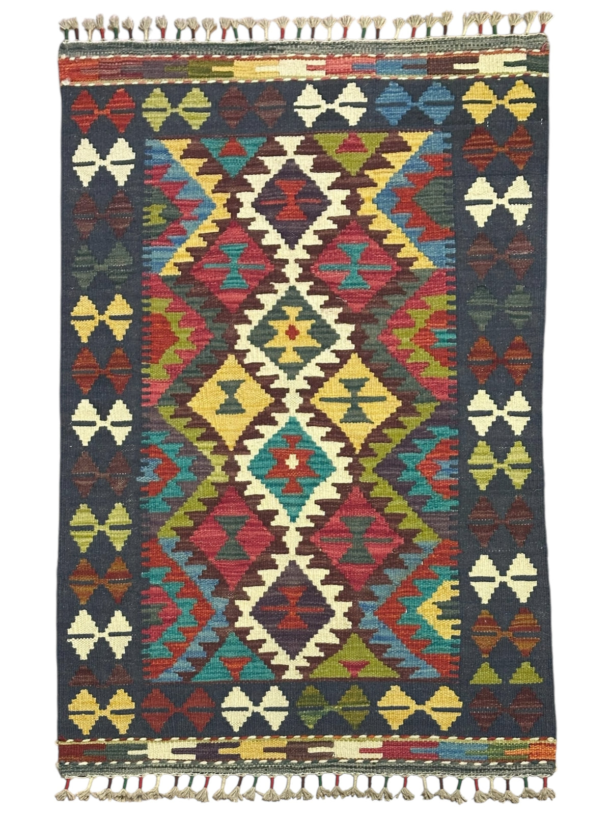 Afghan Kilim Rug 3x4, Navy, Ivory & Rust, Diamond Medallion Wool Flatweave, Olive Green Accents