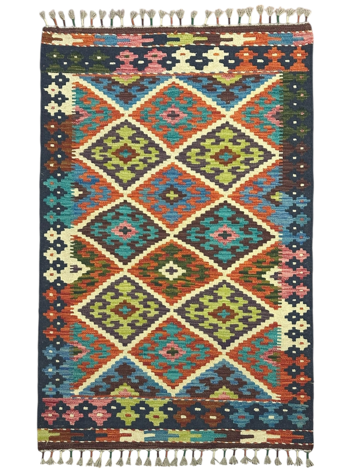 Afghan Kilim Rug 3x4, Navy, Ivory & Olive Green, Hand-Woven Wool Flatweave