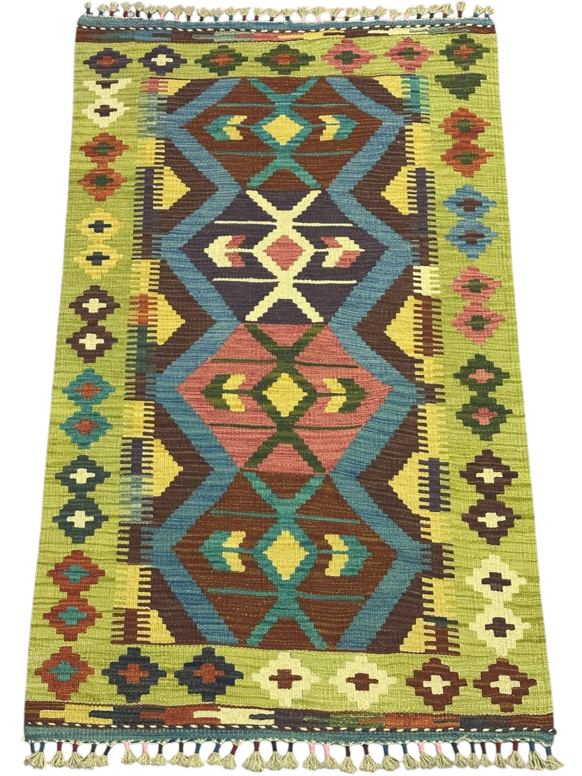 Afghan Kilim Rug 3x4, Olive Green, Brown & Blue, Hand-Woven Wool Flatweave, view 2