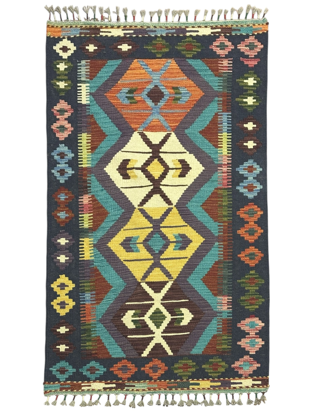 Afghan Kilim Rug 3x4, Navy, Blue & Ivory, Hand-Woven Wool Flatweave