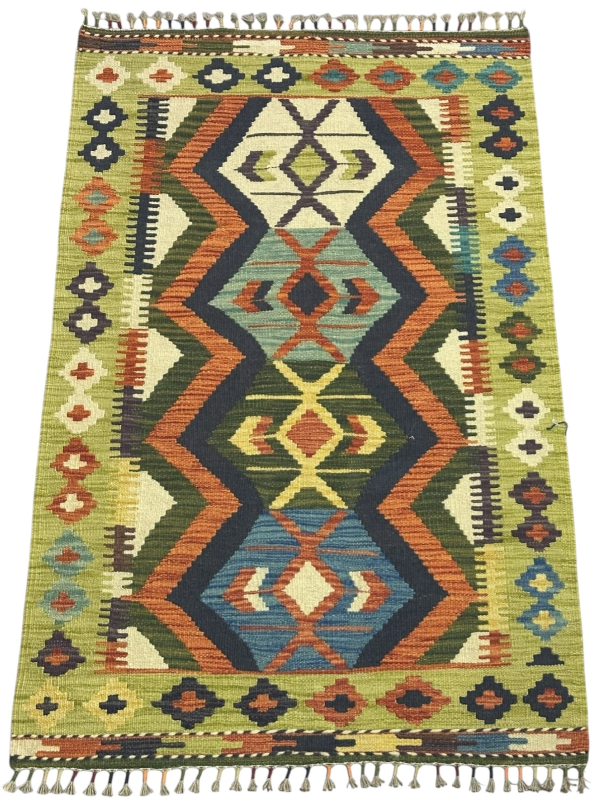 Afghan Kilim Rug 3x4, Olive Green, Navy & Ivory, Hand-Woven Wool Flatweave, view 2