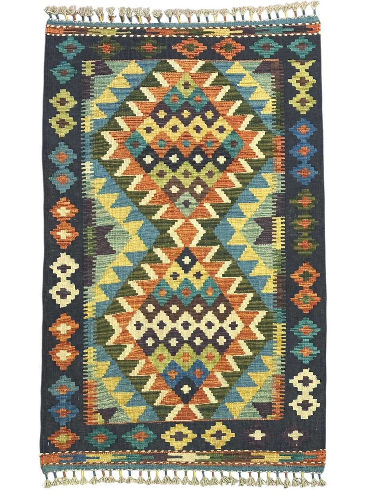 Afghan Kilim Rug 3x4, Navy, Gold & Rust, Diamond Medallion Wool Flatweave