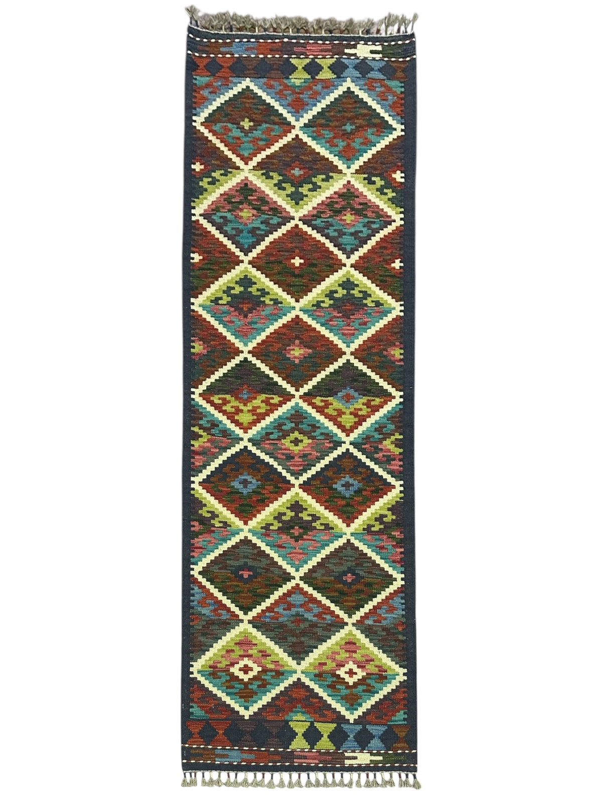 Afghan Kilim Runner 2x6, Brown, Ivory & Teal, Hand-Woven Wool Flatweave