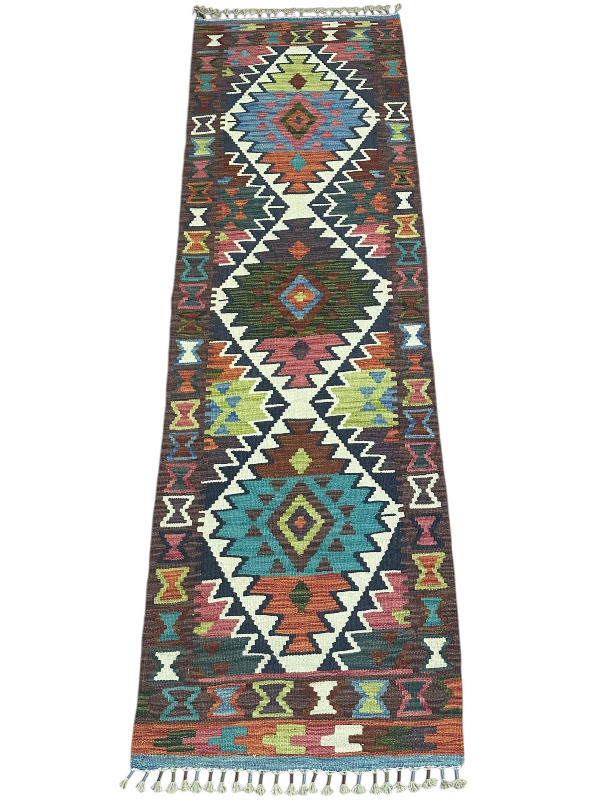 Afghan Kilim Runner 2x7, Brown, Teal & Ivory, Hand-Woven Wool Flatweave, view 2