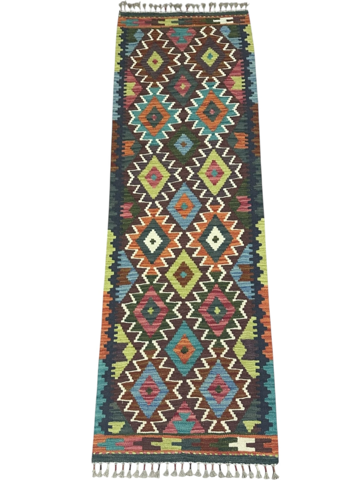 Afghan Kilim Runner 2x6, Brown, Teal & Rust, Hand-Woven Wool Flatweave, view 2