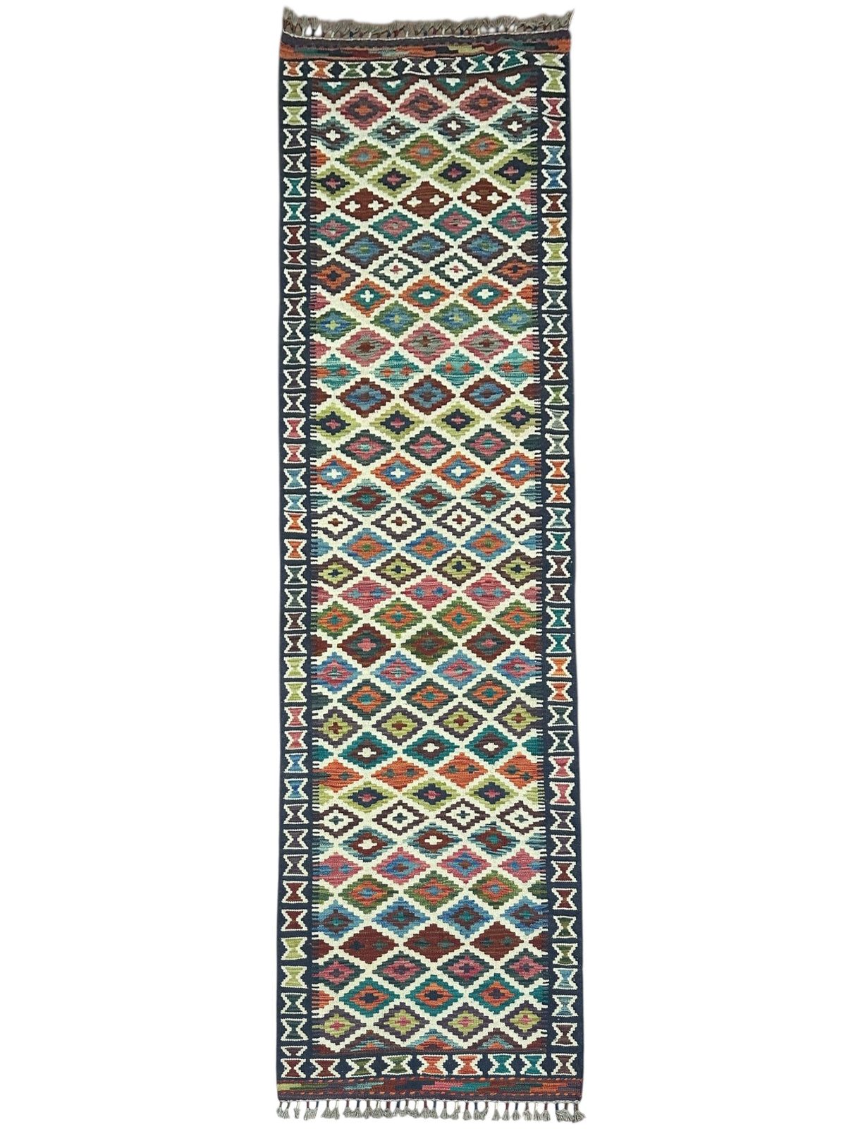 Afghan Kilim Runner 3x8, Ivory, Navy & Rust, Hand-Woven Wool Flatweave
