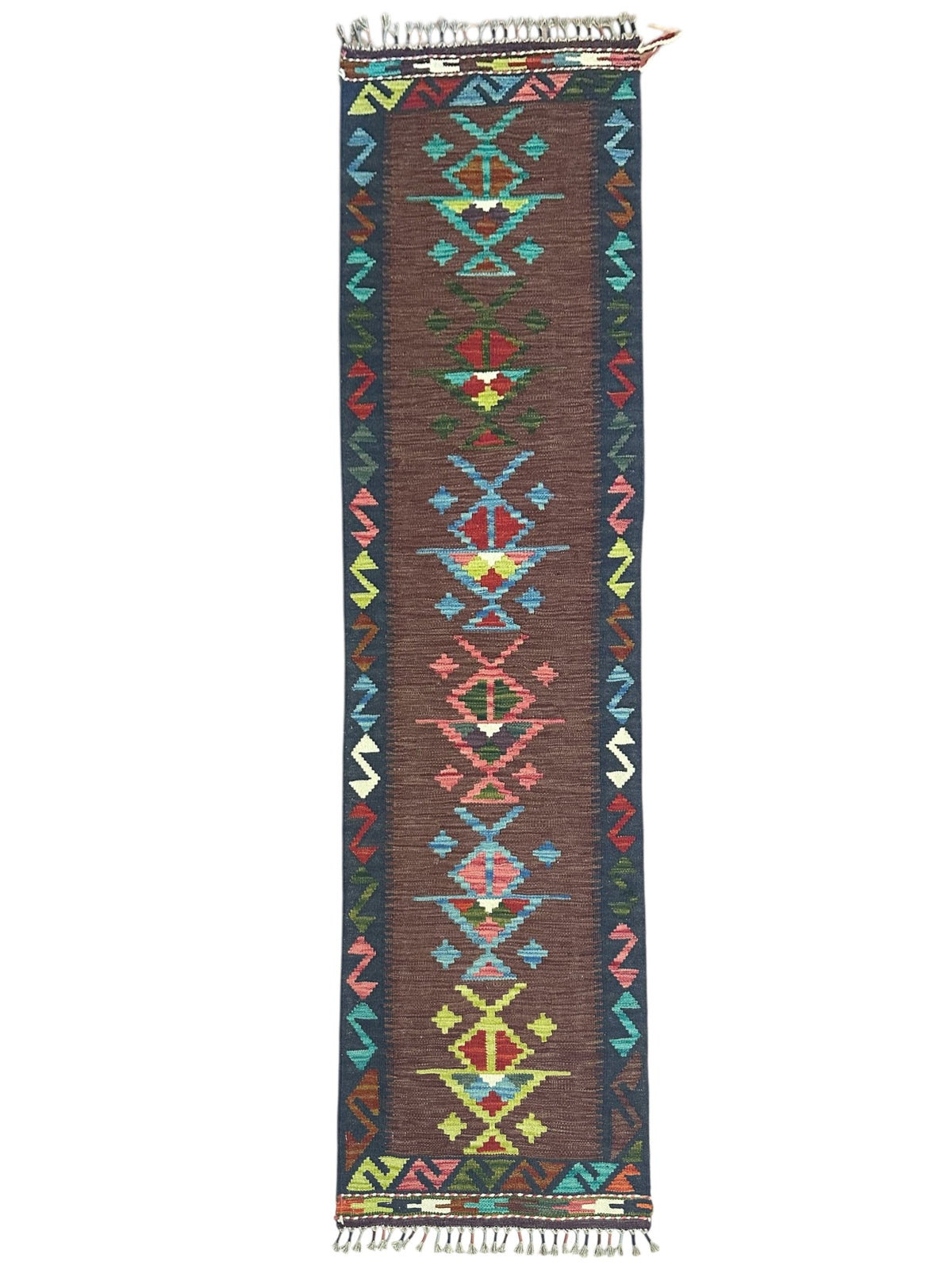 Afghan Kilim Runner 2x7, Brown, Navy & Teal, Hand-Woven Wool Flatweave