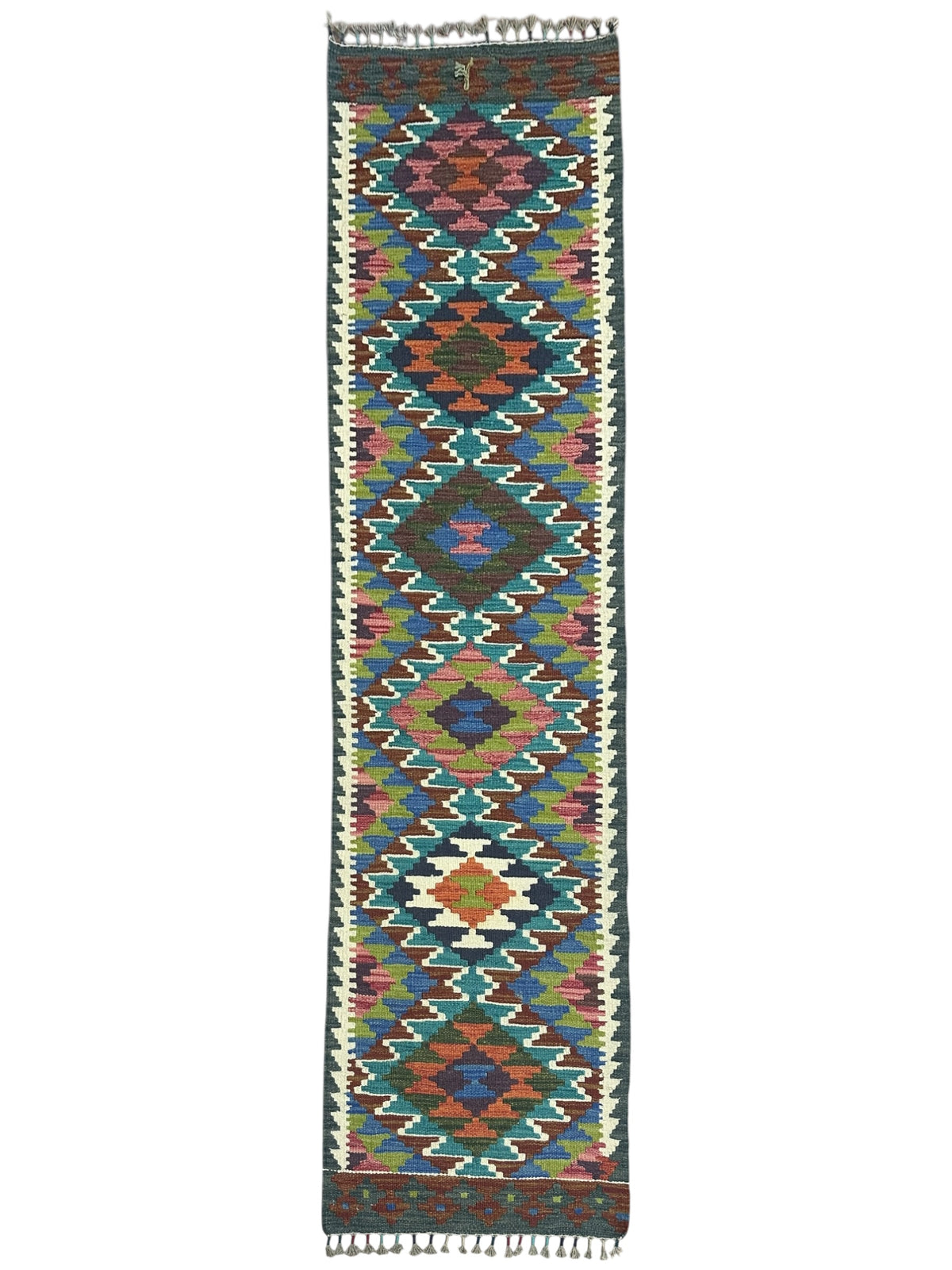 Afghan Kilim Runner 2x7, Teal, Rust & Brown, Hand-Woven Wool Flatweave