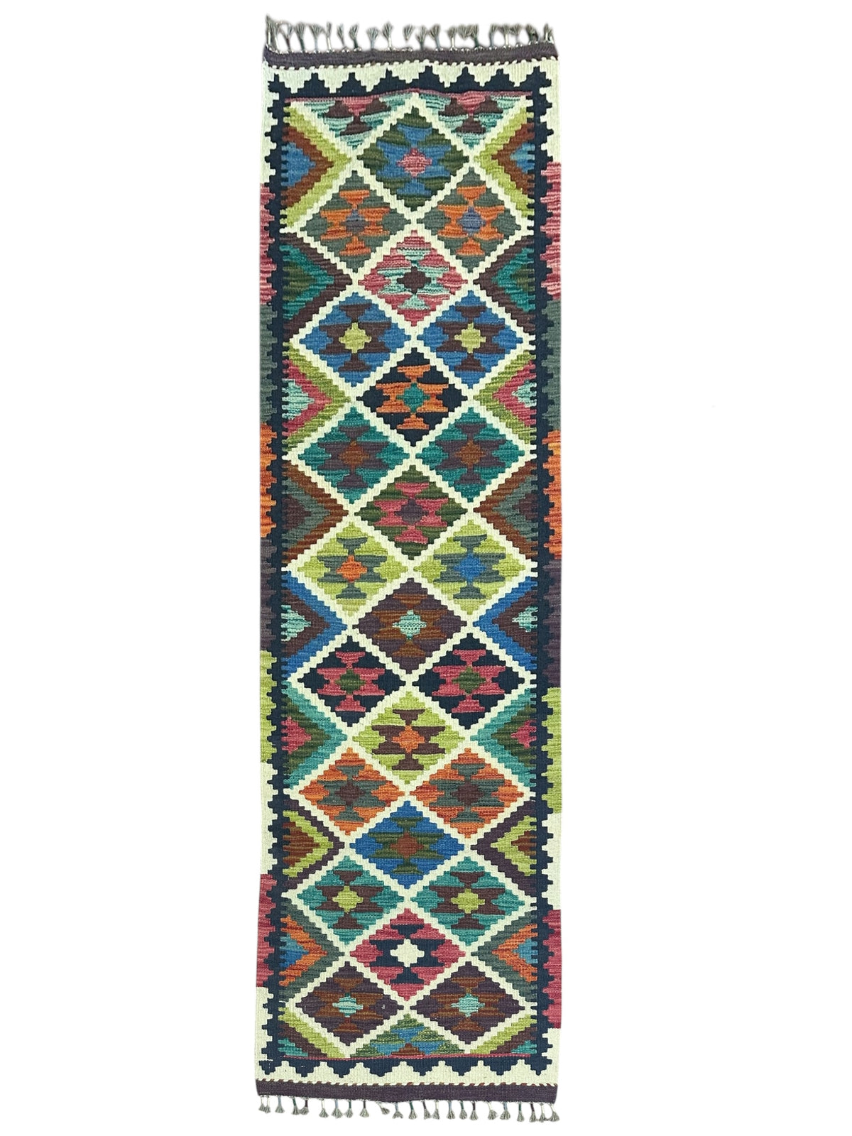 Afghan Kilim Runner 2x7, Ivory, Teal & Green, Hand-Woven Wool Flatweave