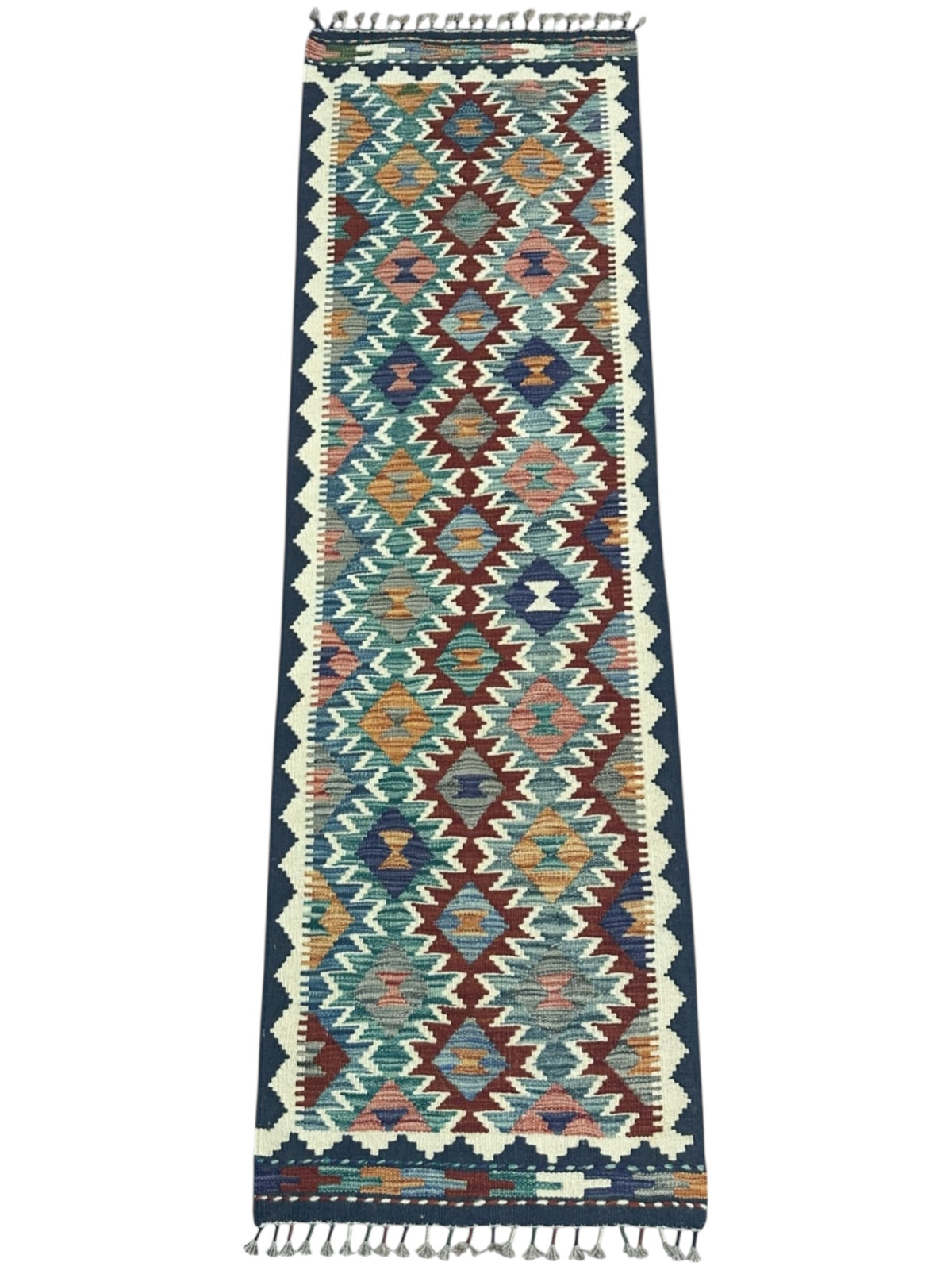 Afghan Kilim Runner 2x6, Ivory, Teal & Navy, Hand-Woven Wool Flatweave, view 2