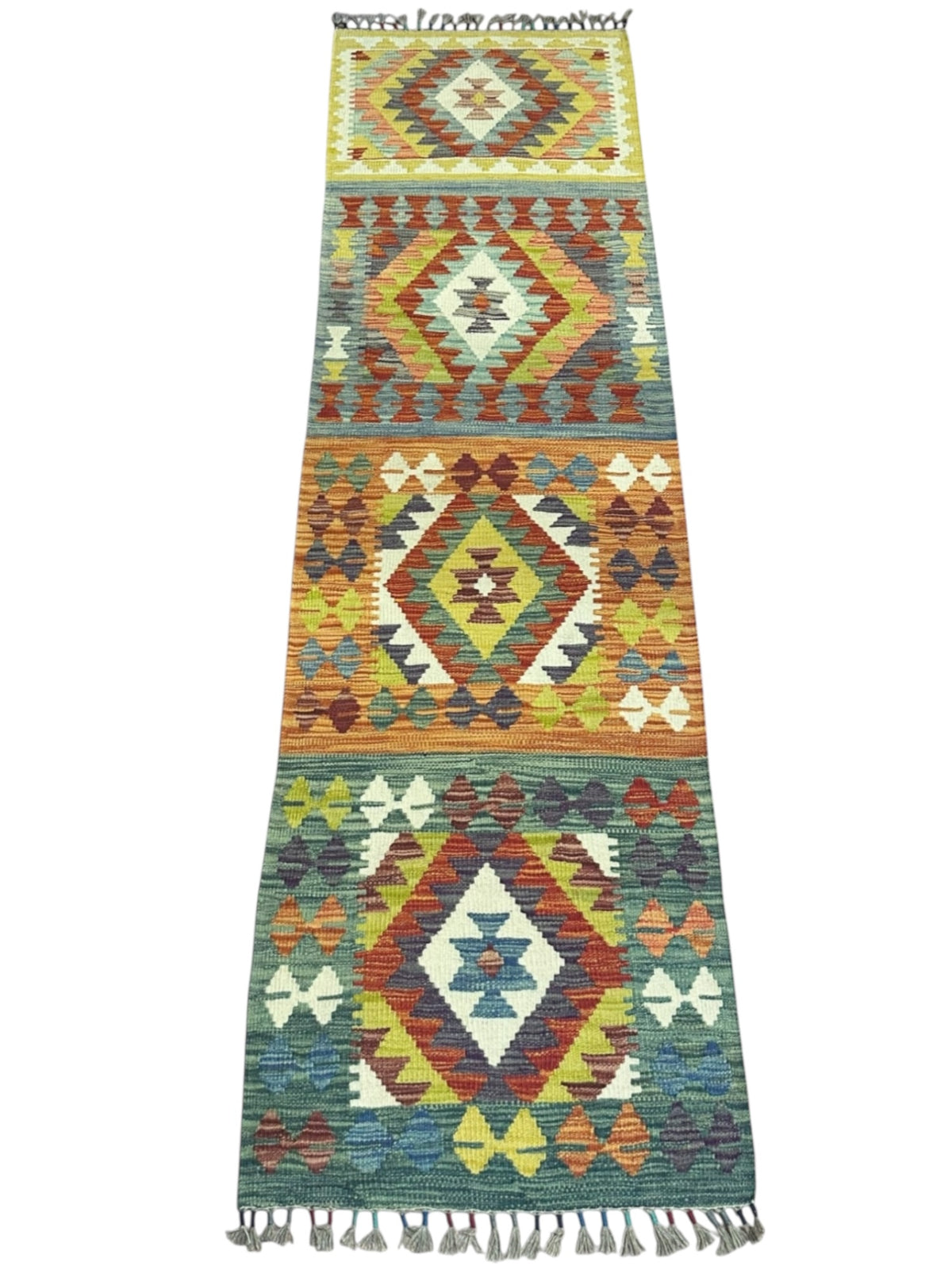 Afghan Kilim Runner 2x7, Gold, Teal & Rust, Hand-Woven Wool Flatweave, view 2