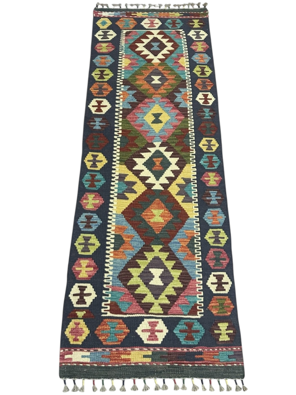 Afghan Kilim Runner 2x6, Navy, Ivory & Rust, Hand-Woven Wool Flatweave, view 2