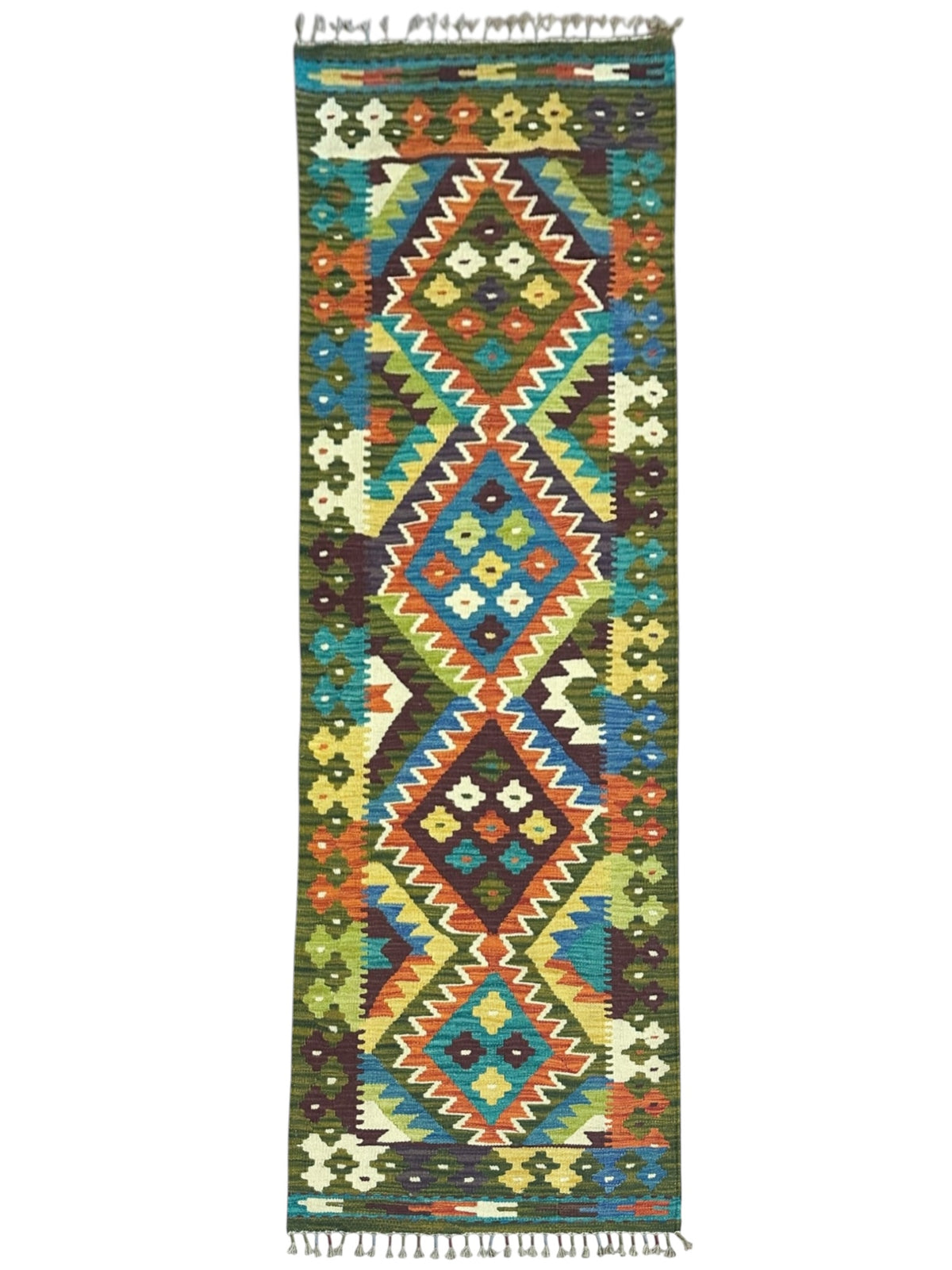Afghan Kilim Runner 2x7, Rust, Green & Teal, Hand-Woven Wool Flatweave