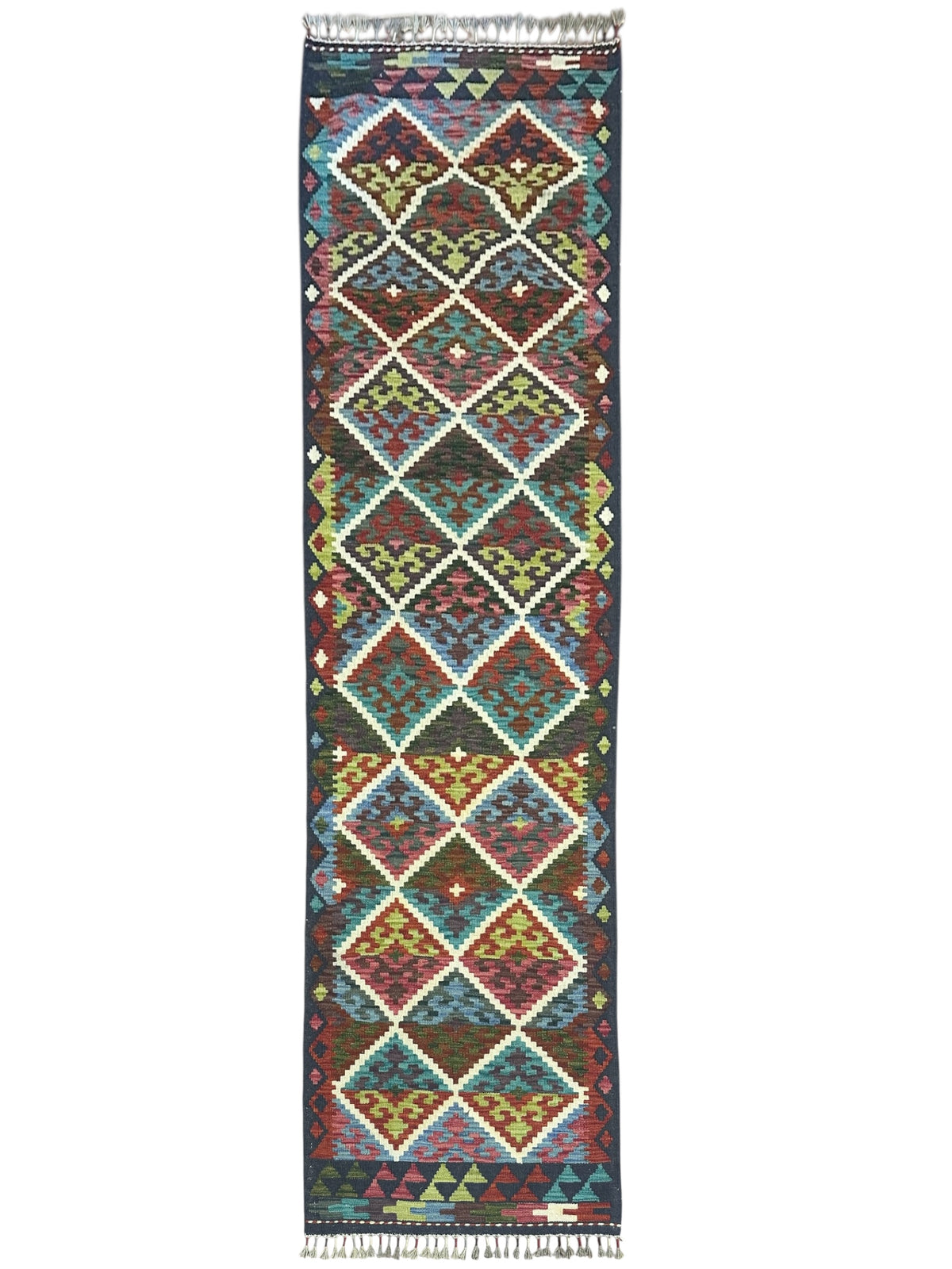 Afghan Kilim Runner 2x8, Brown, Ivory & Red, Hand-Woven Wool Flatweave