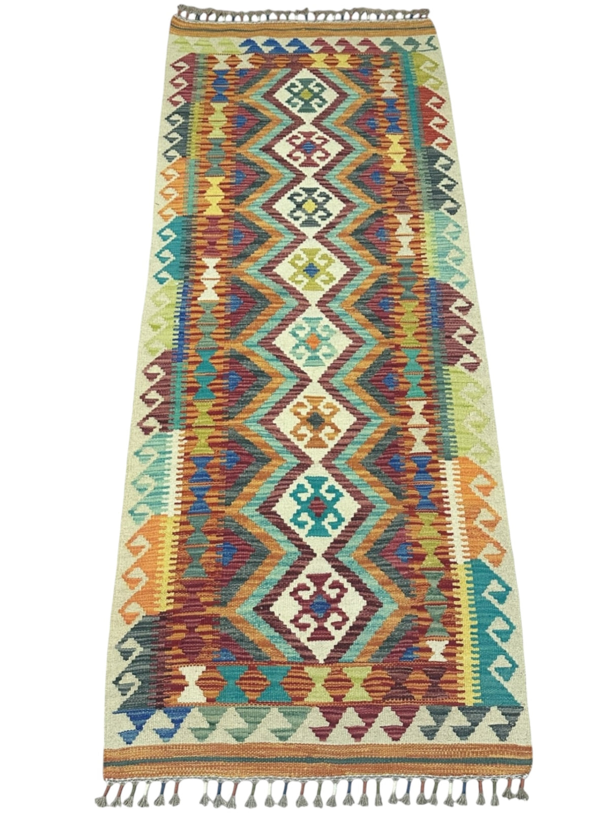 Afghan Kilim Runner 3x6, Rust, Ivory & Teal, Hand-Woven Wool Flatweave, view 2