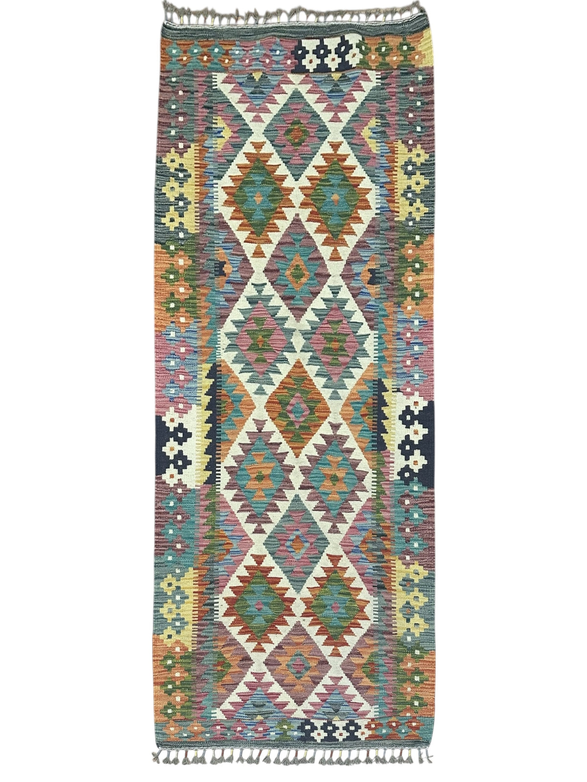 Afghan Kilim Runner 3x7, Pink, Ivory & Teal, Hand-Woven Wool Flatweave