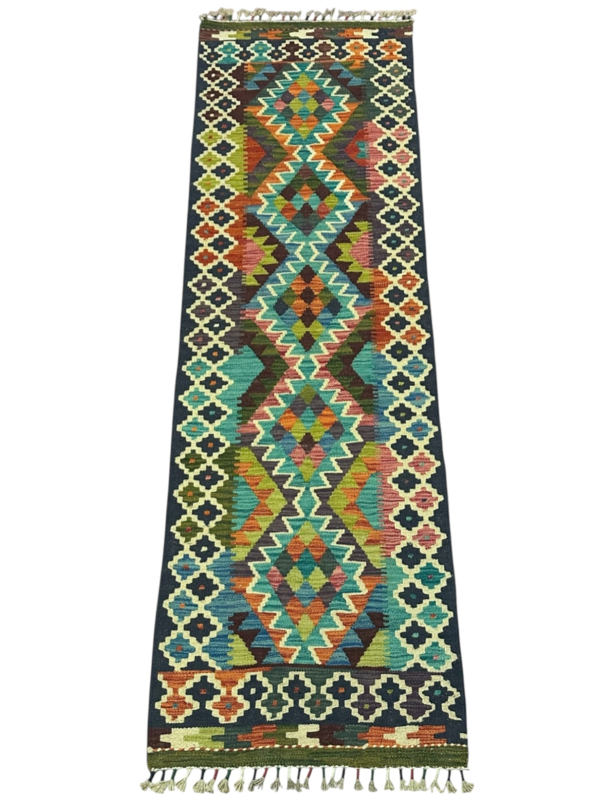 Afghan Kilim Runner 2x7, Navy, Teal & Ivory, Hand-Woven Wool Flatweave, view 2