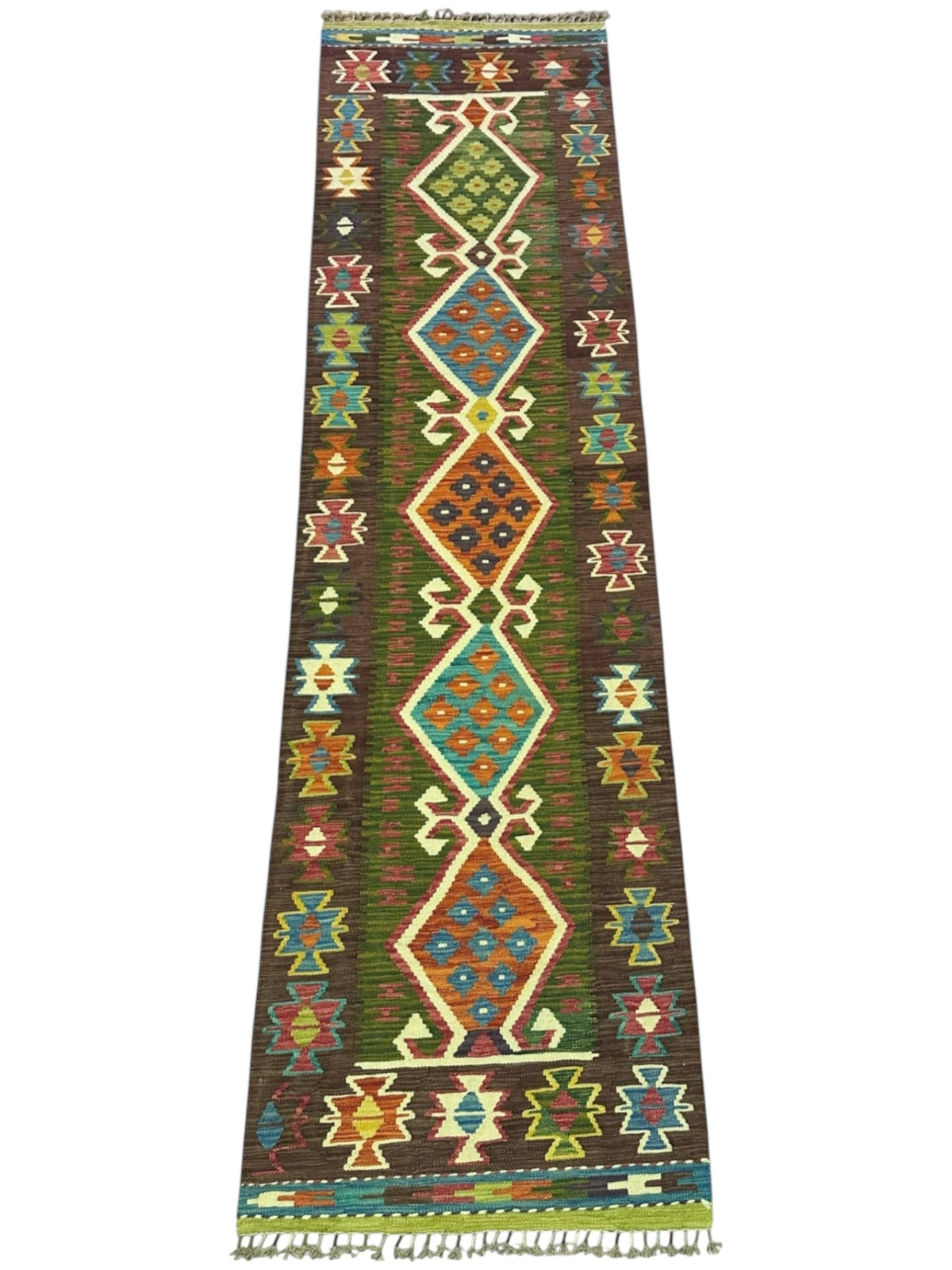 Afghan Kilim Runner 3x10, Brown, Olive Green & Ivory, Hand-Woven Wool Flatweave, view 2