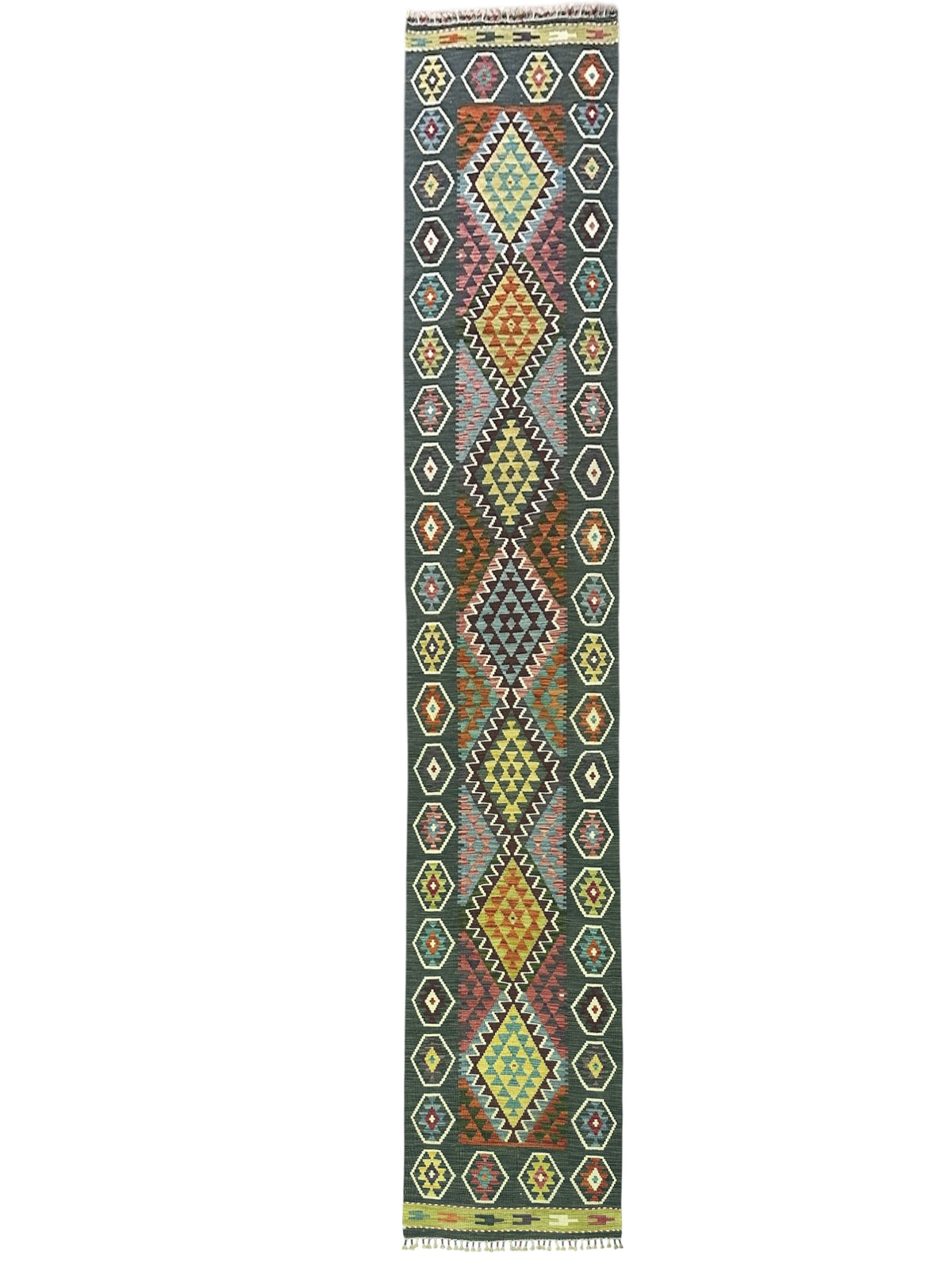 Afghan Kilim Runner 3x13, Navy, Olive Green & Rust, Hand-Woven Wool Flatweave