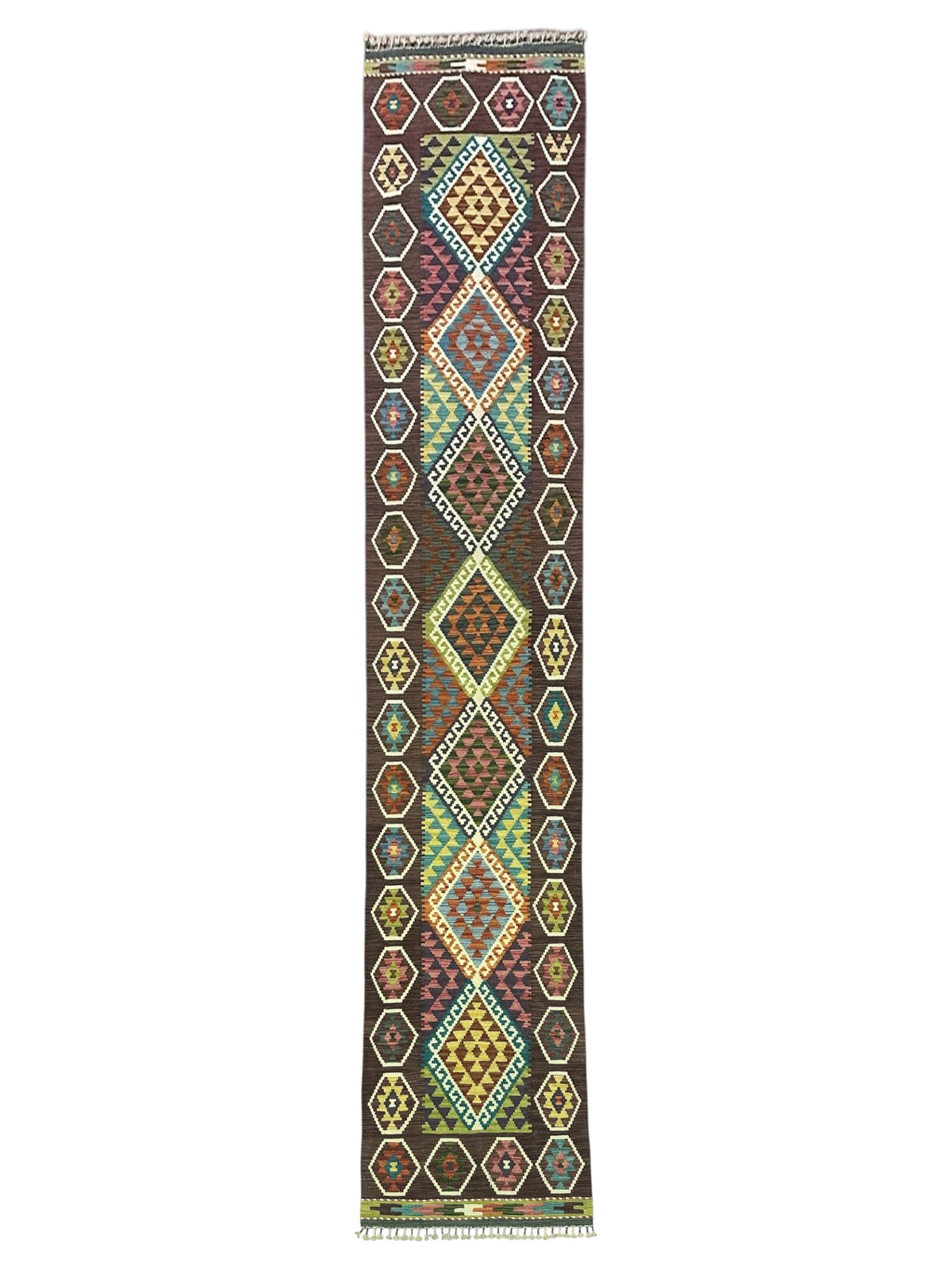 Afghan Kilim Runner 3x13, Brown, Ivory & Teal, Hand-Woven Wool Flatweave