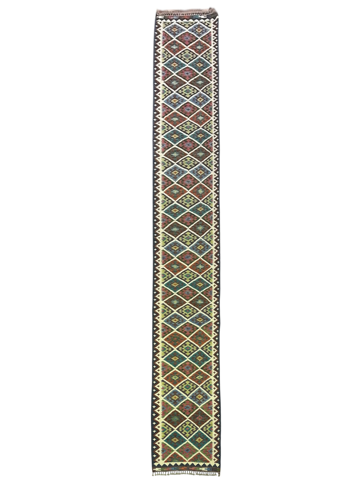 Afghan Kilim Runner 3x17, Navy, Ivory & Rust, Hand-Woven Wool Flatweave