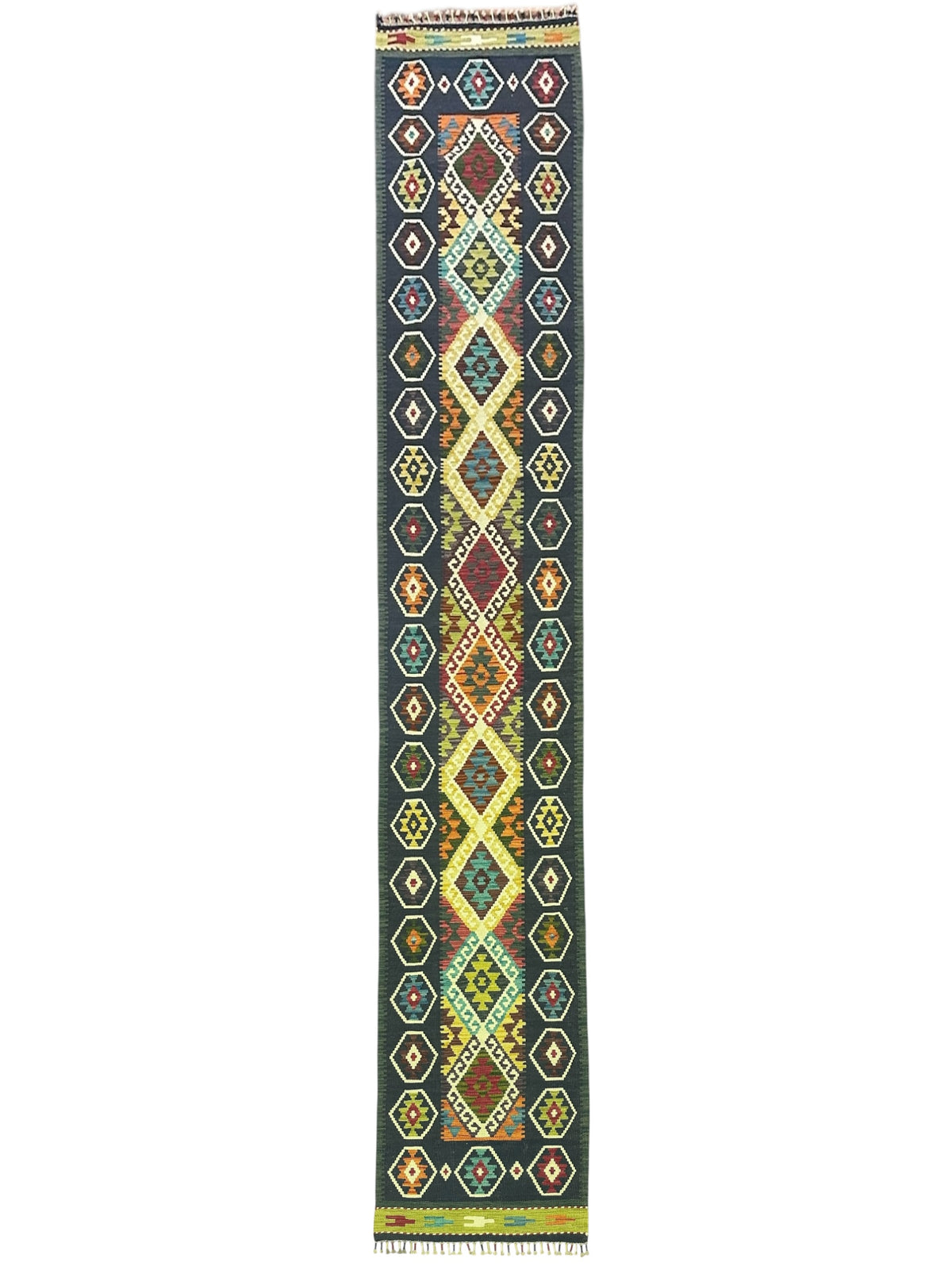 Afghan Kilim Runner 3x13, Navy, Gold & Rust, Hand-Woven Wool Flatweave