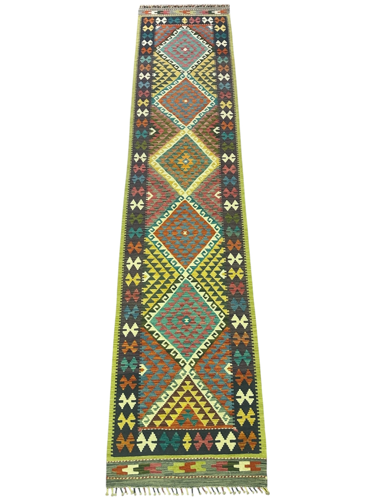 Afghan Kilim Runner 3x12, Brown, Olive Green & Teal, Hand-Woven Wool Flatweave, view 2