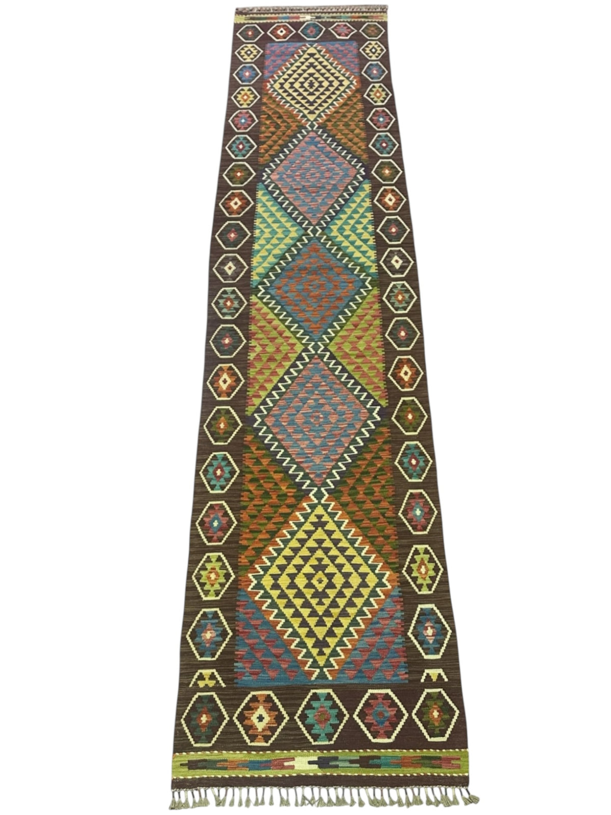 Afghan Kilim Runner 3x13, Brown, Gold & Green, Hand-Woven Wool Flatweave, view 2