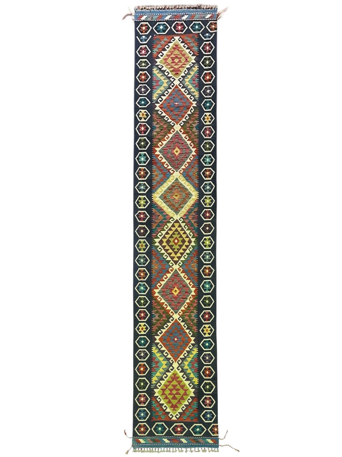 Afghan Kilim Runner 3x12, Navy, Brown & Gold, Hand-Woven Wool Flatweave