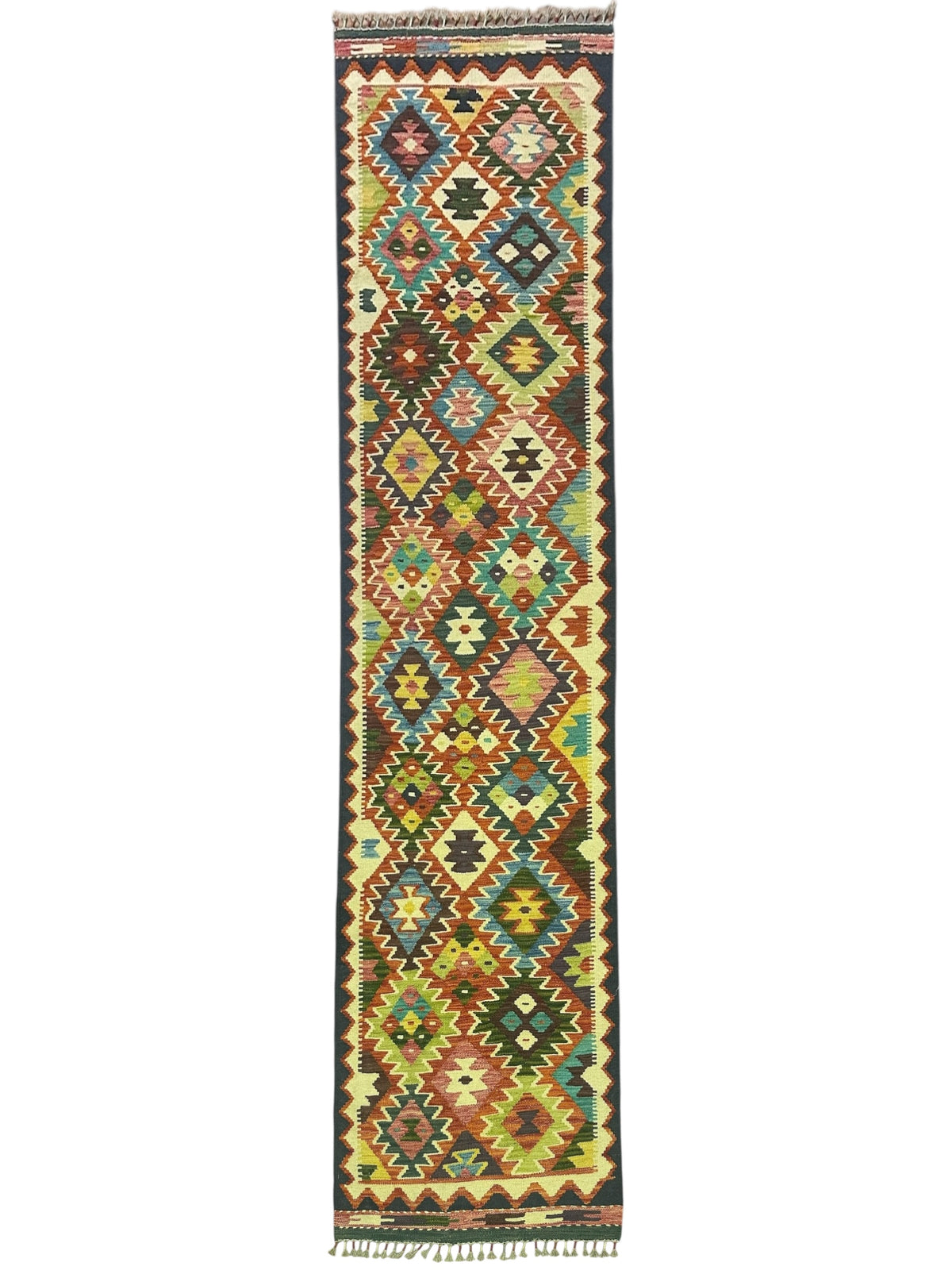 Afghan Kilim Runner 3x10, Gold, Rust & Olive Green, Hand-Woven Wool Flatweave