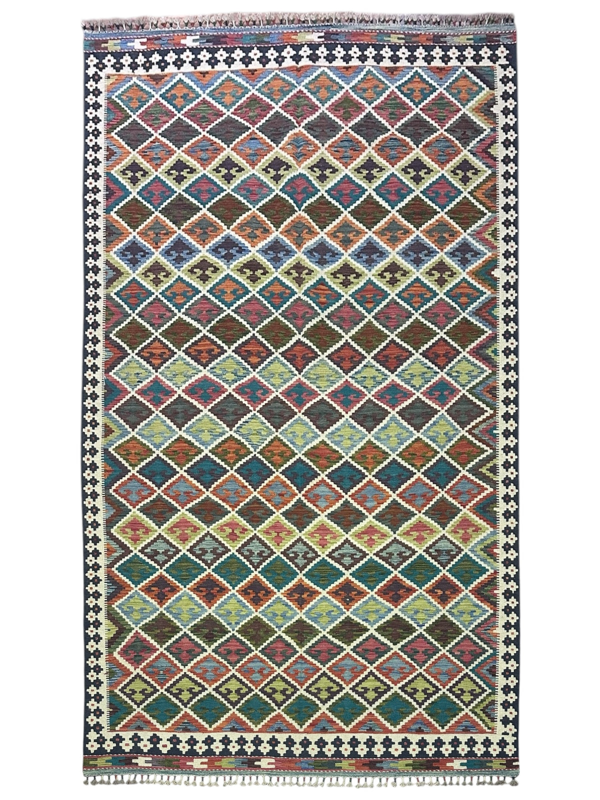 Afghan Kilim Rug 7x10, Ivory, Brown & Teal, Hand-Woven Wool Flatweave