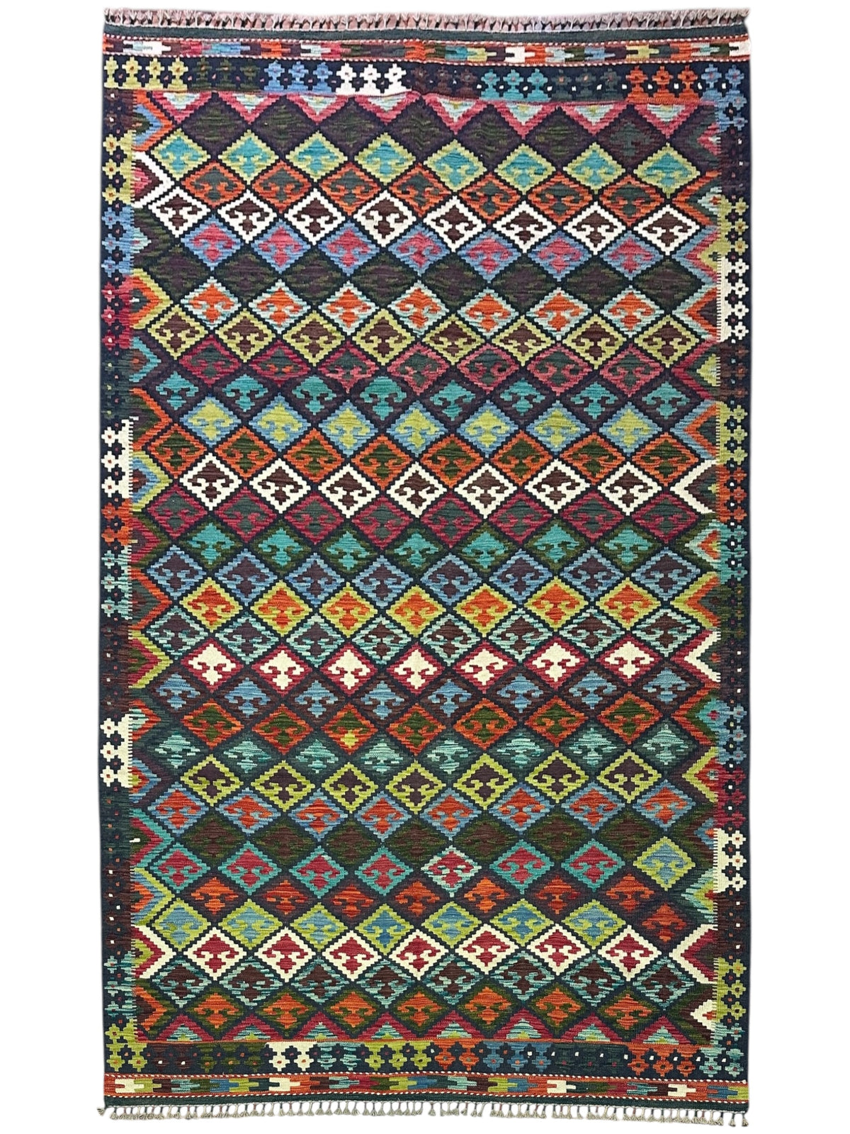 Afghan Kilim Rug 6x10, Navy, Rust & Teal, Hand-Woven Wool Flatweave