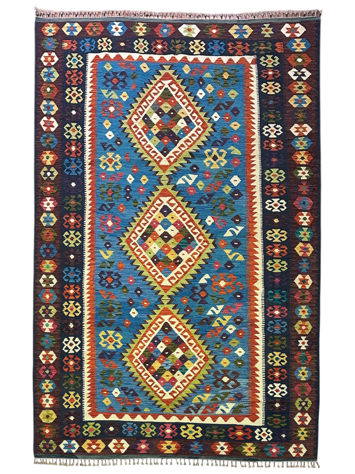 Afghan Kilim Rug 7x10, Blue, Navy & Rust, Diamond Medallion Wool Flatweave, Ivory Accents