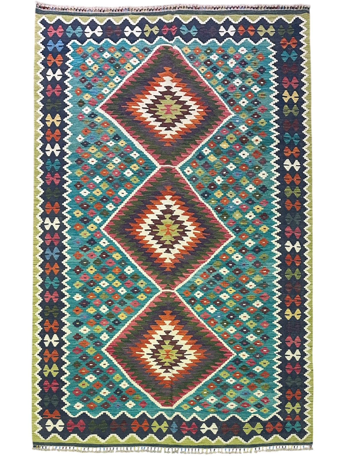 Afghan Kilim Rug 7x10, Teal, Navy & Rust, Hand-Woven Wool Flatweave