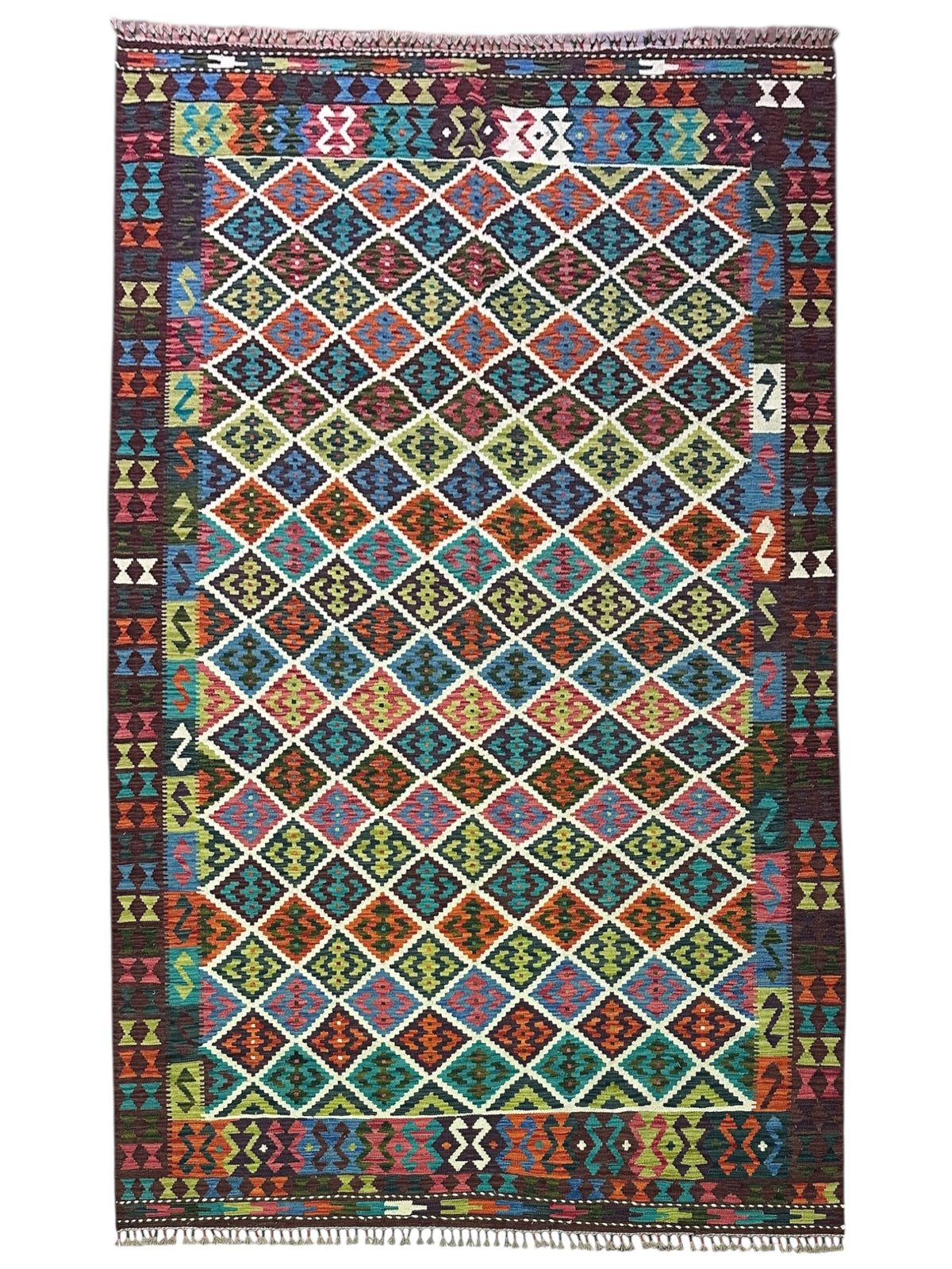 Afghan Kilim Rug 6x10, Ivory, Brown & Teal, Hand-Woven Wool Flatweave