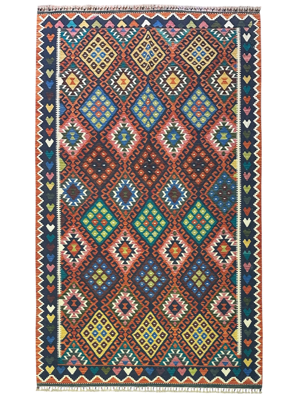 Afghan Kilim Rug 7x10, Rust, Navy & Blue, Hand-Woven Wool Flatweave