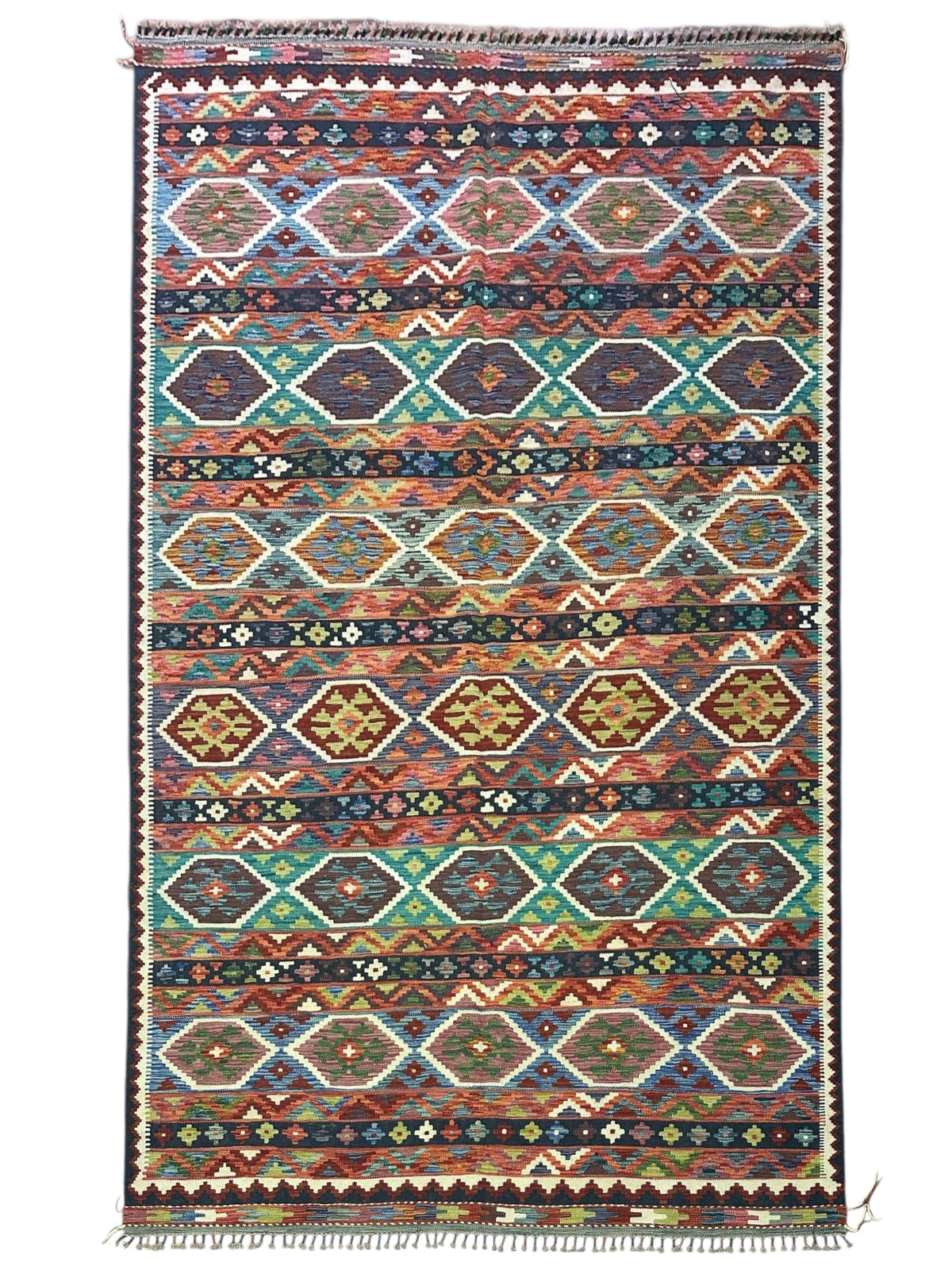 Afghan Kilim Rug 6x10, Rust, Brown & Teal, Striped Wool Flatweave
