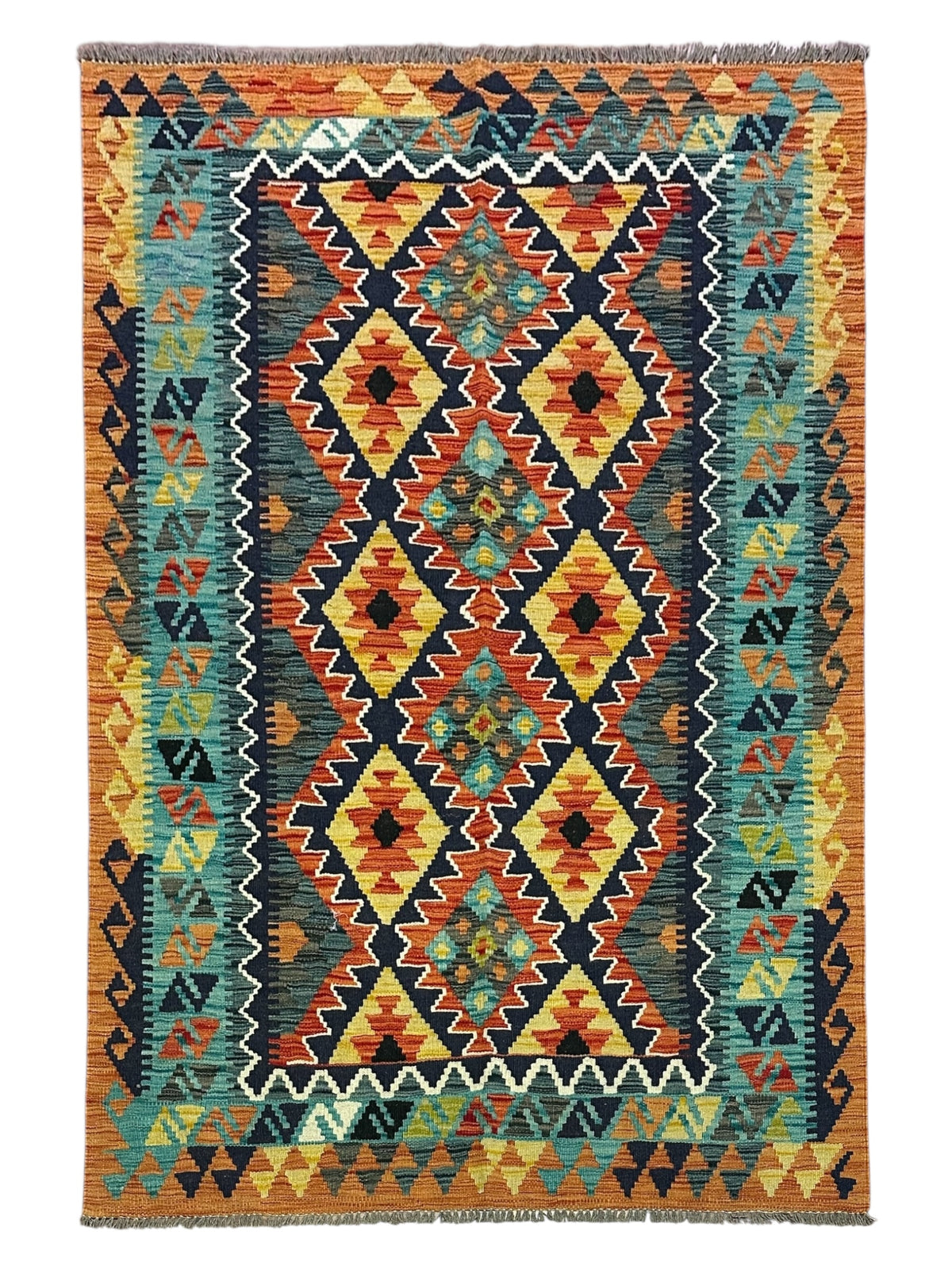 Afghan Kilim Rug 4x6, Rust, Navy & Teal, Hand-Woven Wool Flatweave