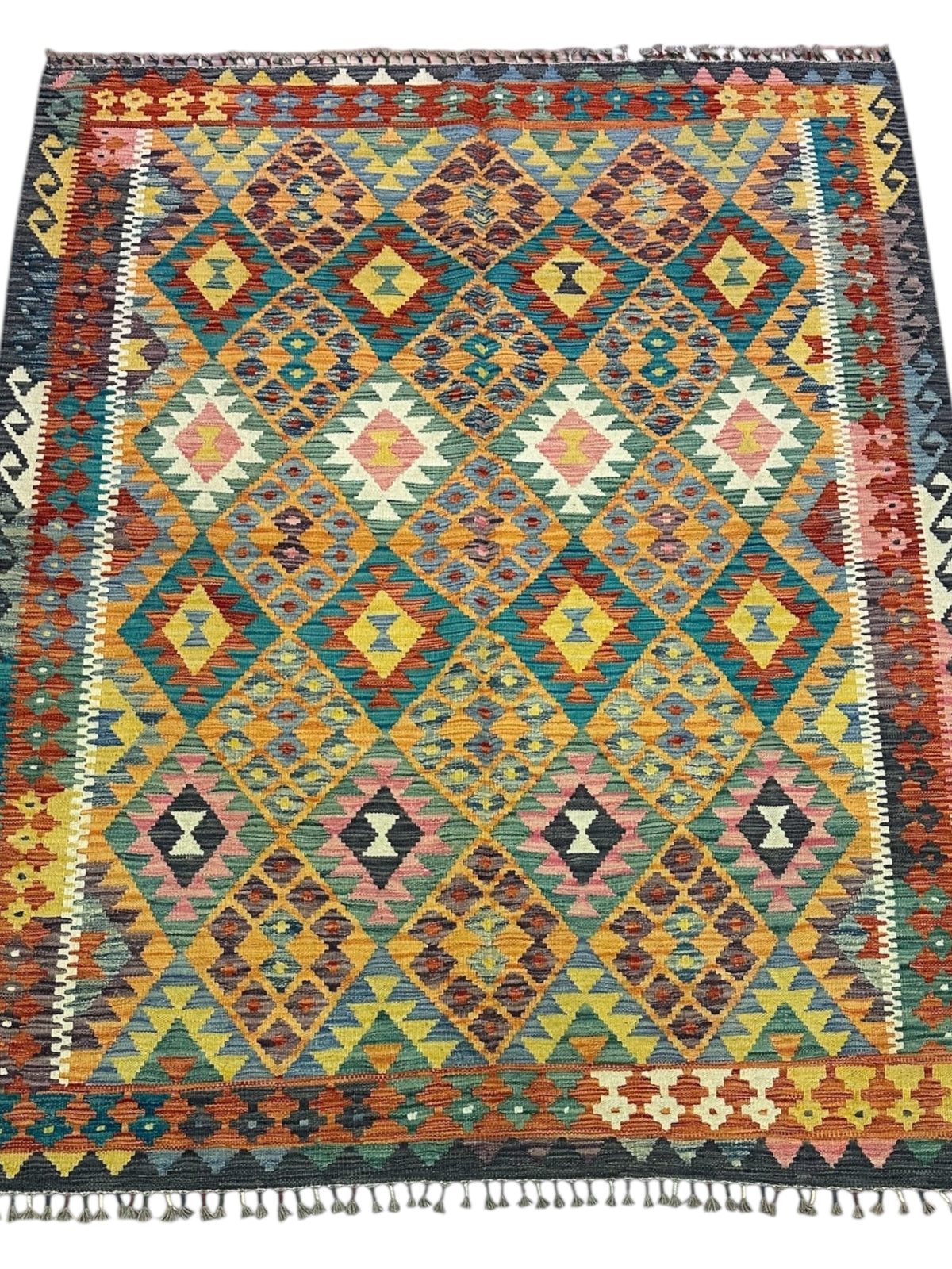 Afghan Kilim Rug 5x7, Gold, Rust & Teal, Hand-Woven Wool Flatweave, view 2