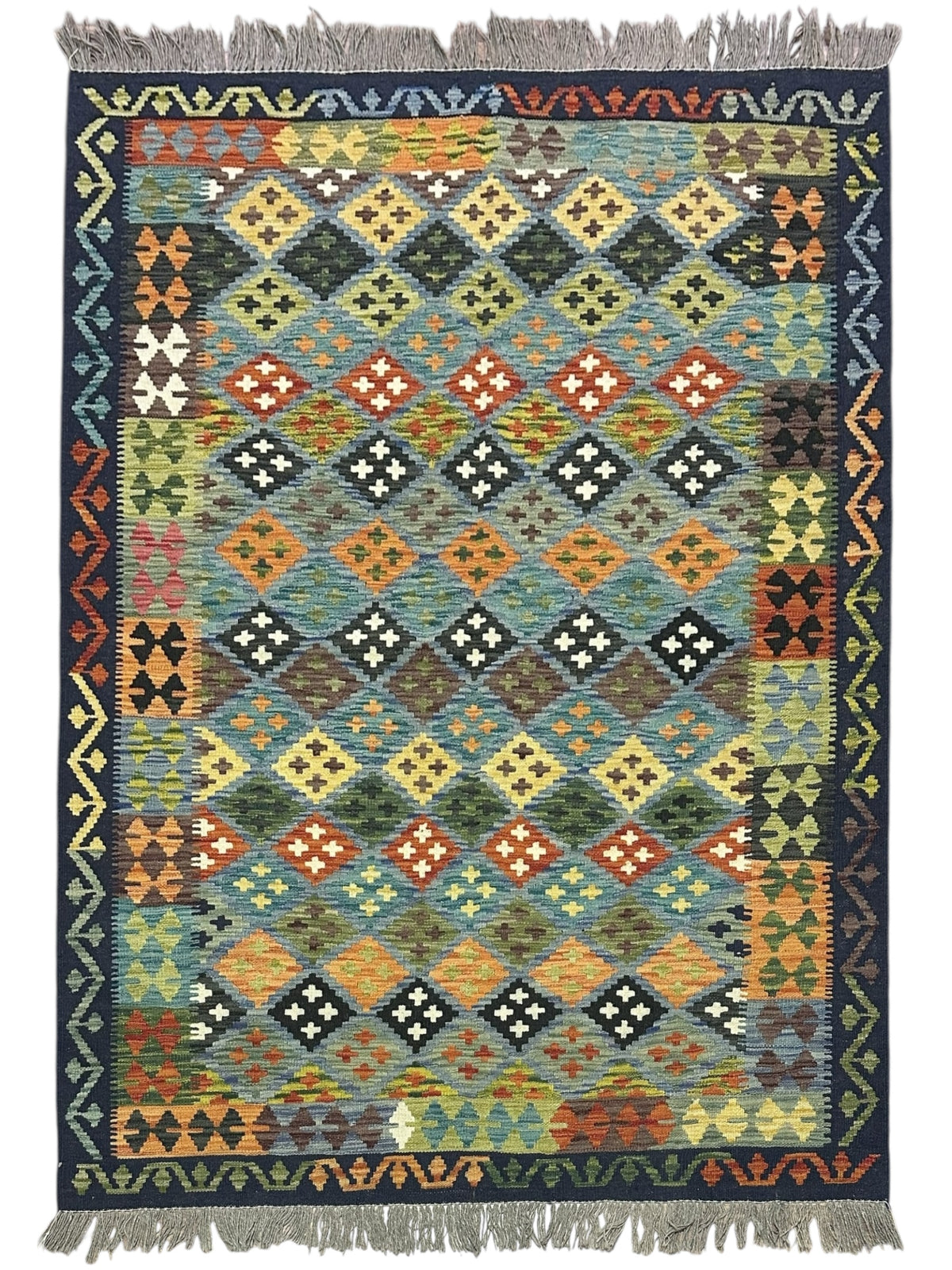 Afghan Kilim Rug 5x7, Teal, Navy & Gold, Diamond Lattice Wool Flatweave