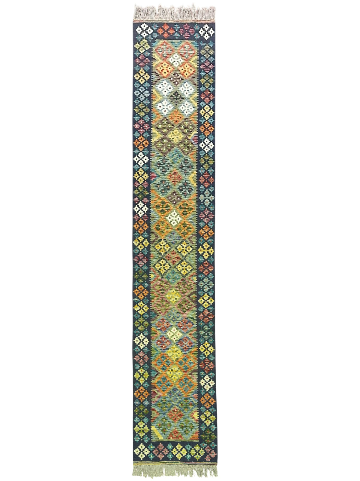 Afghan Kilim Runner 3x13, Gold, Teal & Navy, Hand-Woven Wool Flatweave