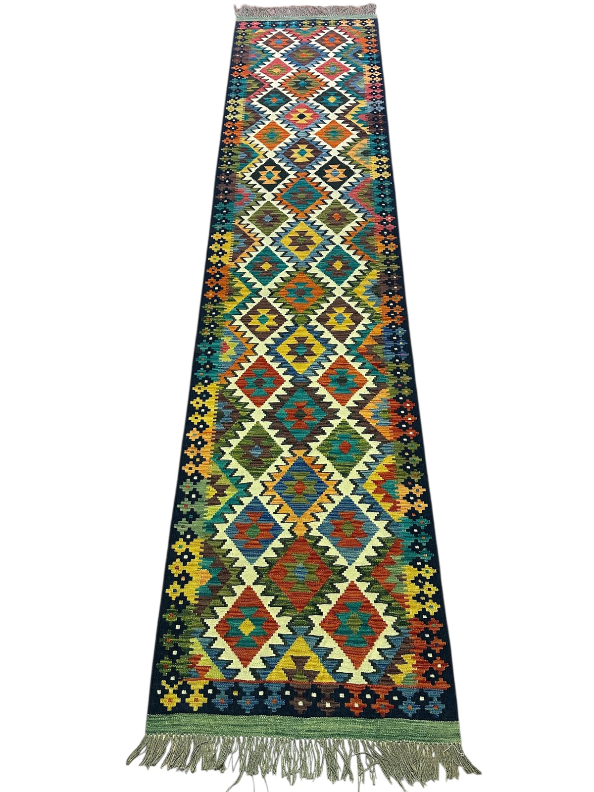 Afghan Kilim Runner 3x13, Teal, Rust & Ivory, Hand-Woven Wool Flatweave, view 2