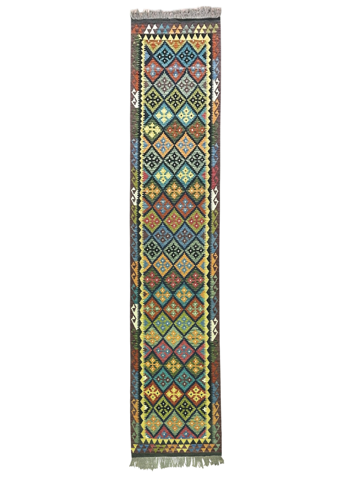 Afghan Kilim Runner 3x14, Navy, Teal & Gold, Hand-Woven Wool Flatweave