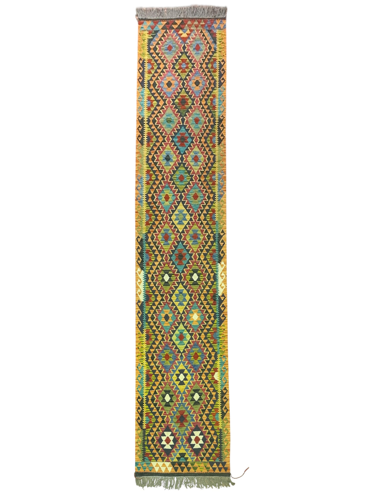 Afghan Kilim Runner 3x13, Gold, Teal & Olive Green, Hand-Woven Wool Flatweave