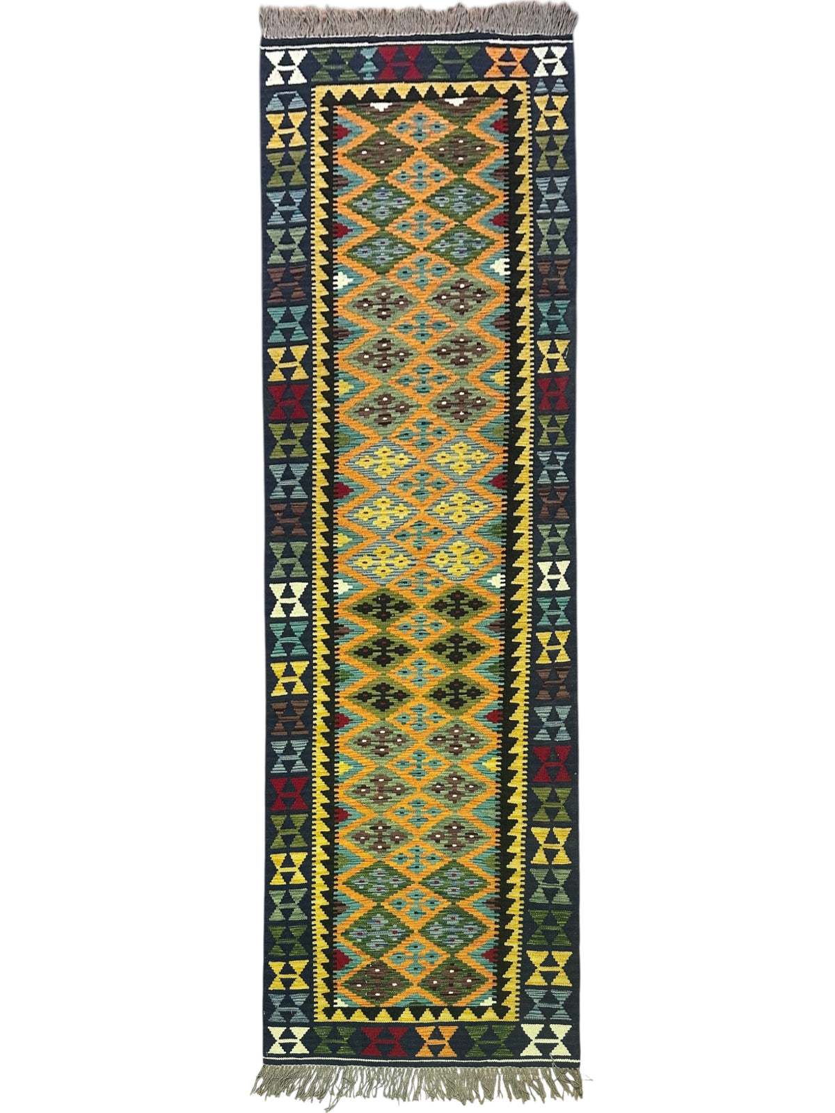 Afghan Kilim Runner 3x10, Gold, Navy & Ivory, Hand-Woven Wool Flatweave
