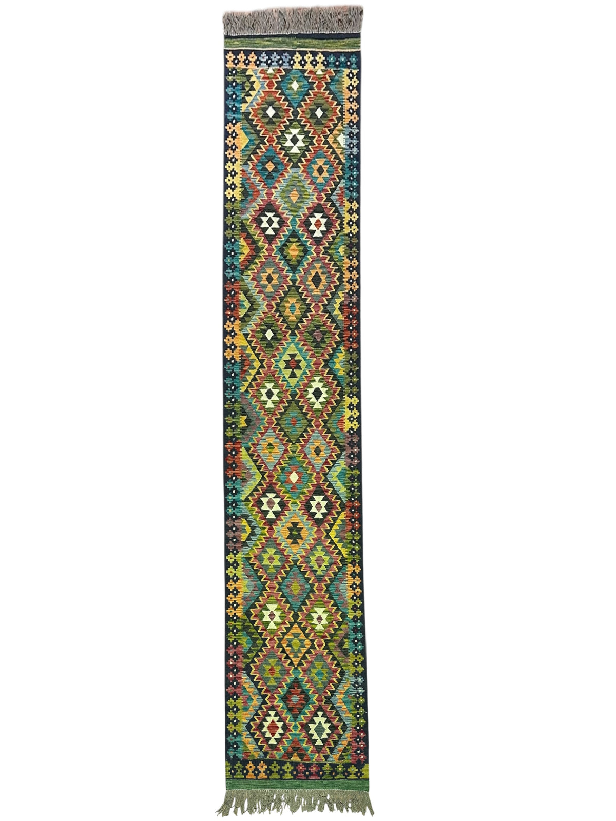 Afghan Kilim Runner 3x13, Navy, Teal & Rust, Hand-Woven Wool Flatweave