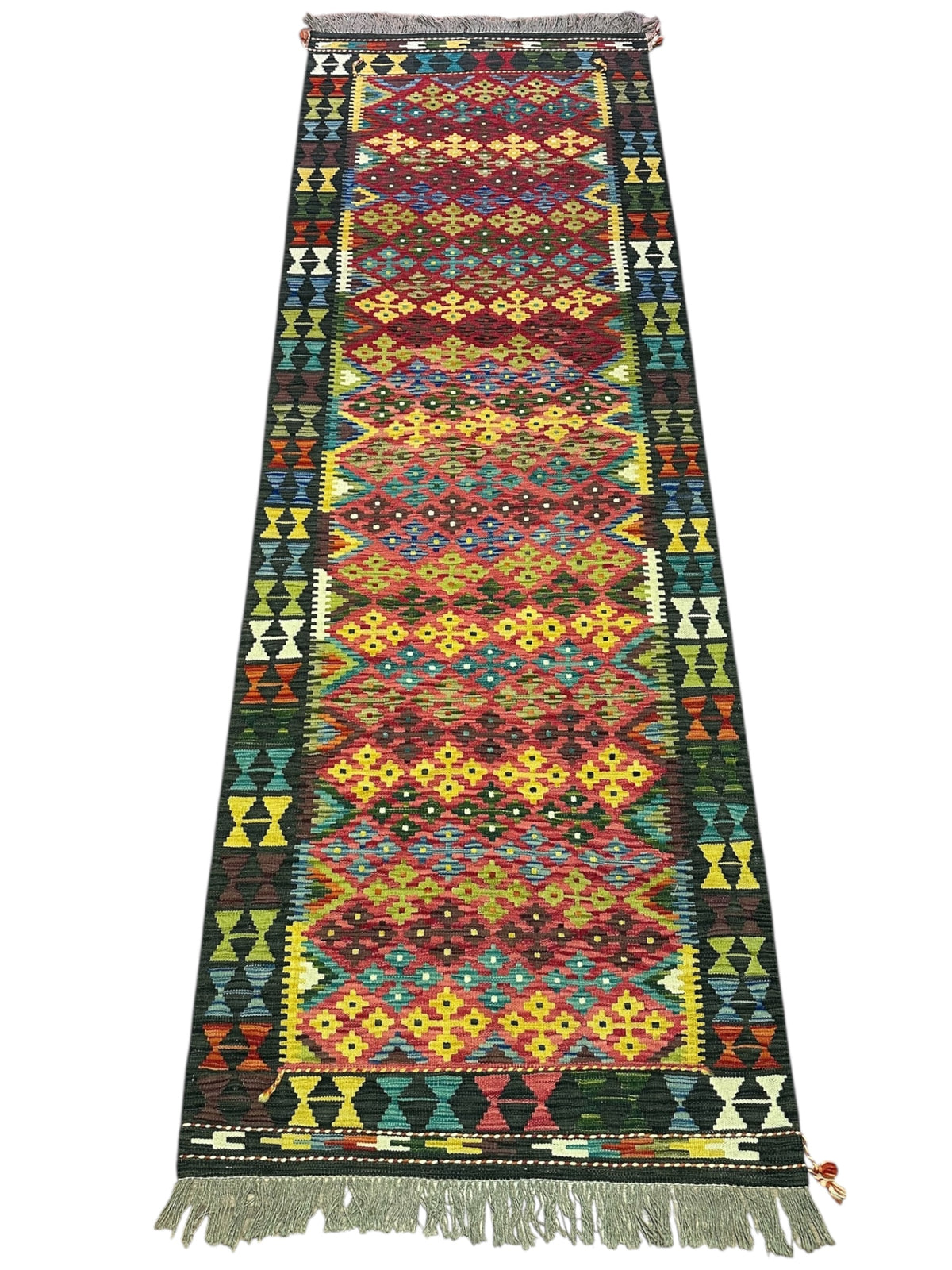 Afghan Kilim Runner 3x10, Pink, Yellow & Black, Hand-Woven Wool Flatweave, view 2