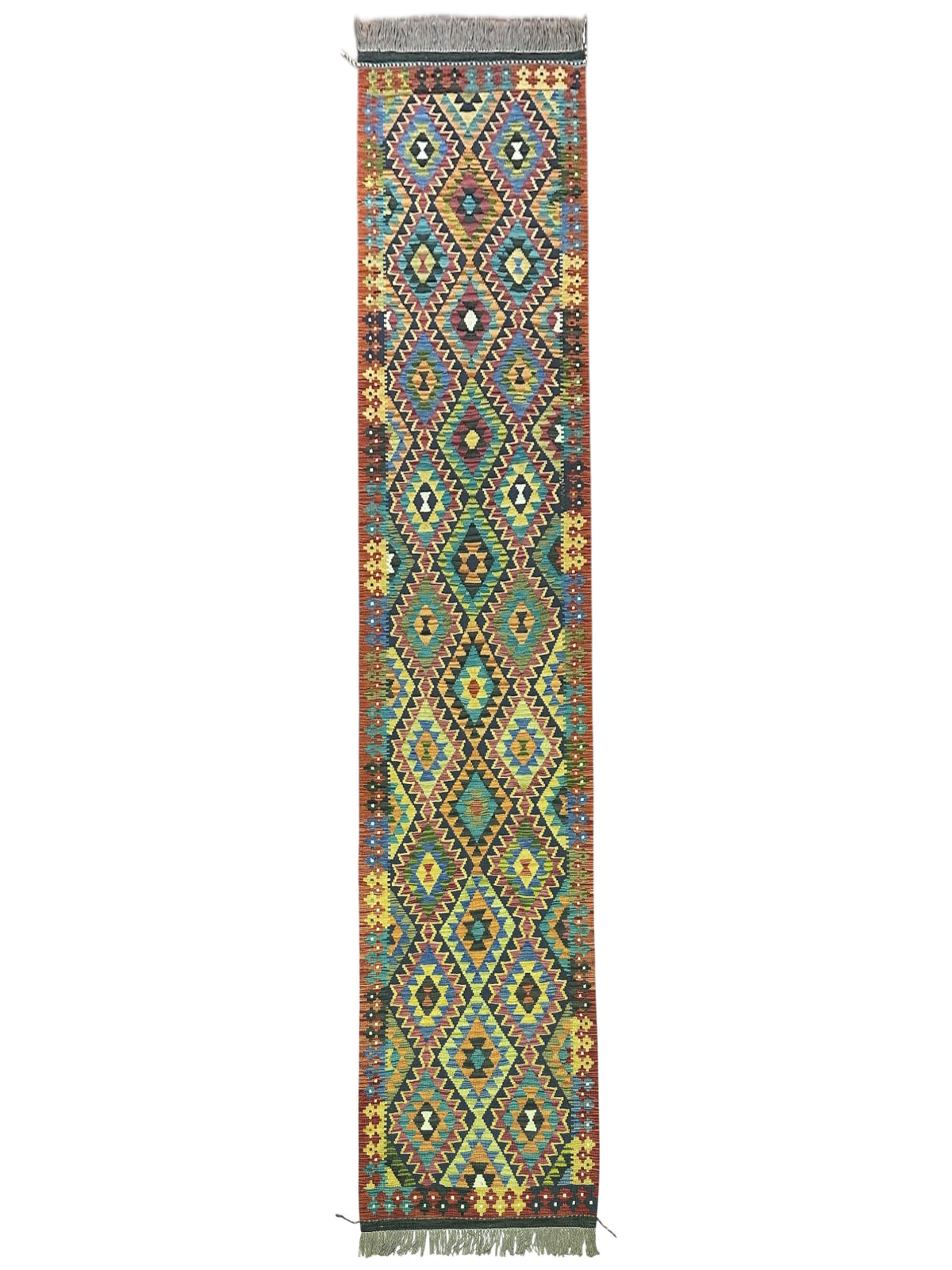 Afghan Kilim Runner 3x13, Teal, Gold & Gray, Hand-Woven Wool Flatweave