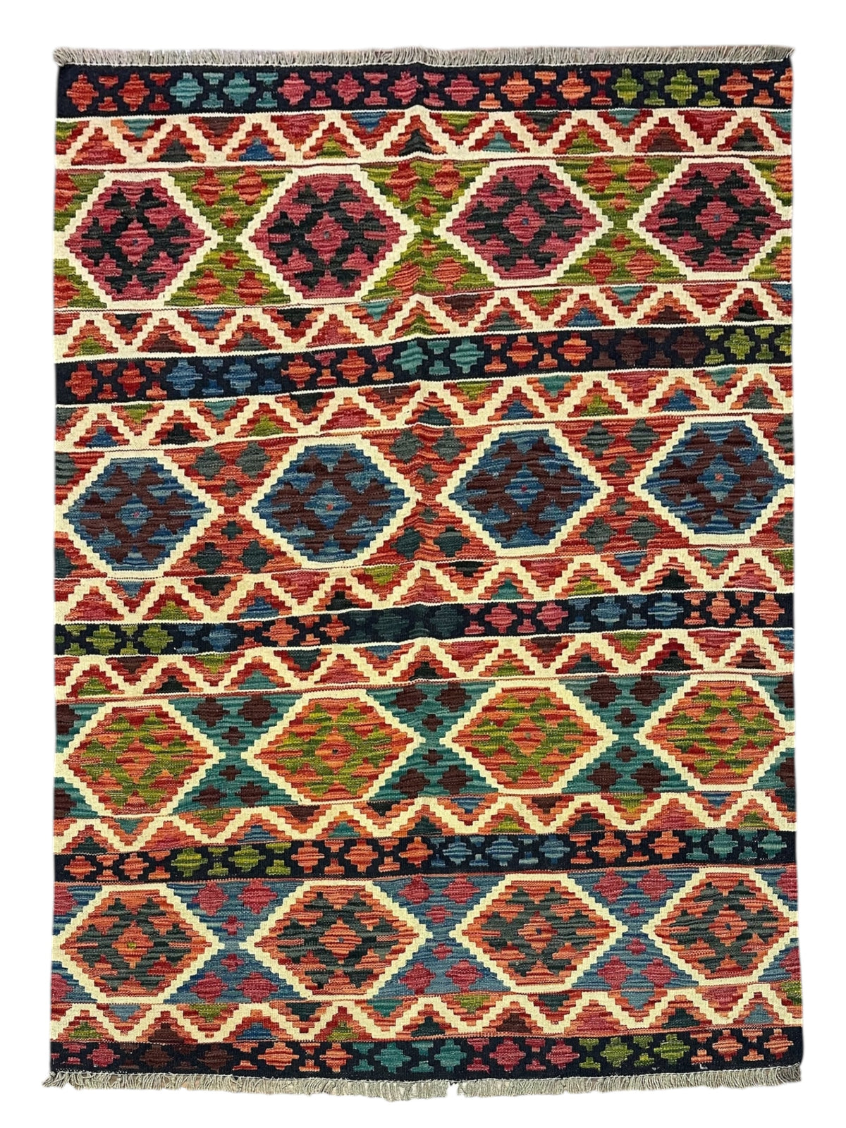 Afghan Kilim Rug 5x6, Rust, Red & Navy, Hand-Woven Wool Flatweave